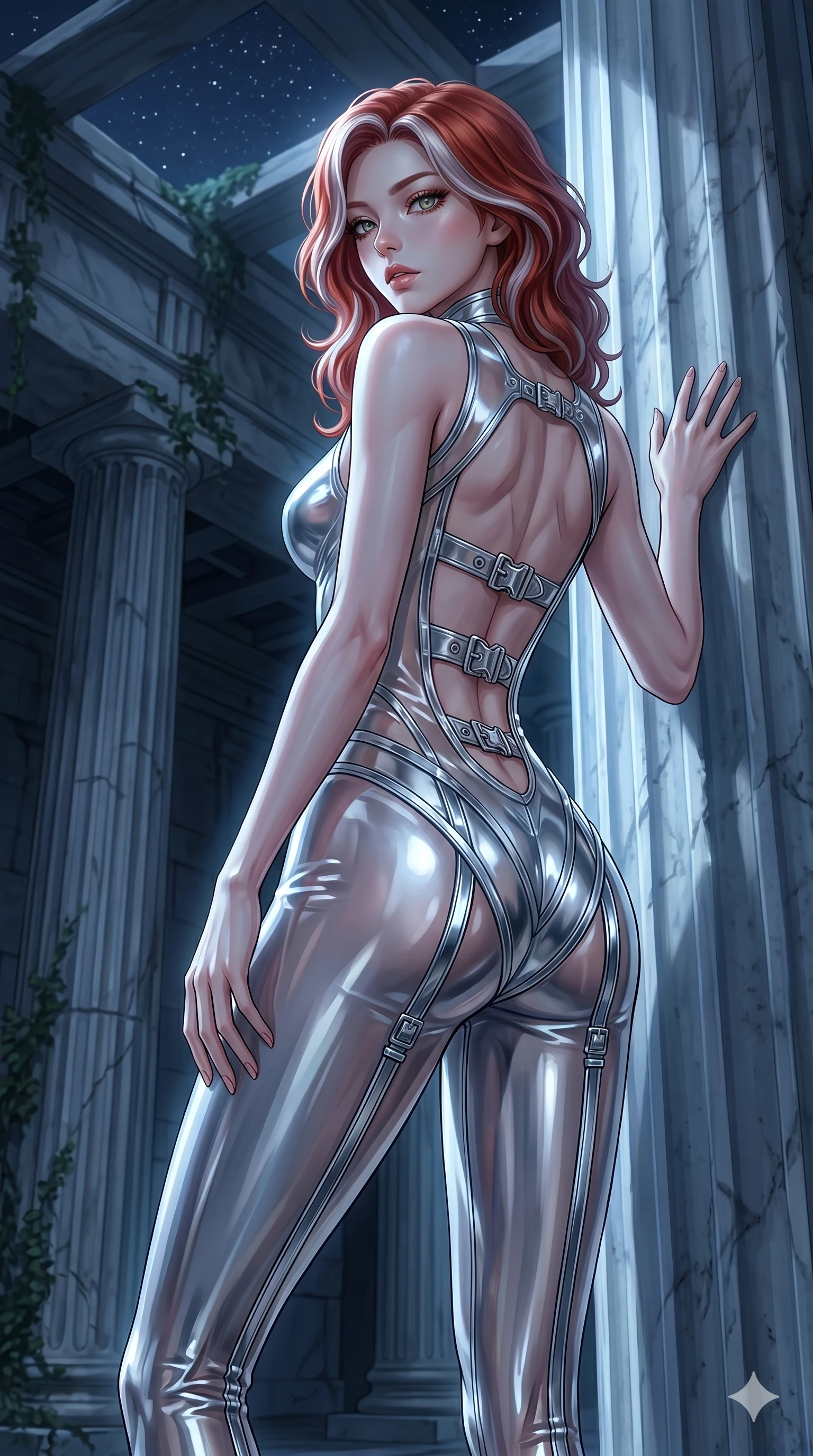 score_9, masterpiece, best quality, ultra-detailed, High-budget Anime Keyframe, East Asian woman. Low angle cowboy shot filling the entire 9:16 frame with her statuesque presence. Scenario 43: Leaning against a cold marble pillar in a moonlit greek temple. Her presence is magnetic and overpowering in this high-budget anime scene. Outfit 43: A translucent PVC liquid with a backless design and metallic buckles. The clothing is designed to emphasize her exceptionally tall and slender 8-heads proportion. 8-heads proportion, towering silhouette, ultra-slim waist. sharp v-shaped jawline, intricate jewel-like eyes with depth, thick eyelashes, glossy lips. 2k, ultra detail, master piece, 9:16 ratio