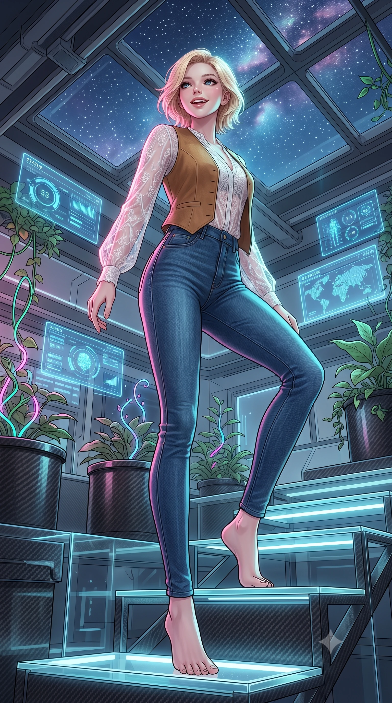 score_9, masterpiece, best quality, ultra-detailed, high-budget anime keyframe, editorial fashion photography, tasteful artistic composition, Caucasian woman, strictly human ears. low angle full-body shot from head to toe showing her feet, filling the entire 9:16 vertical frame with her statuesque presence, stretching her vertical silhouette. ascending with a radiant, excited smile through inside a high-tech botanical research laboratory with carbon-fiber pots, neon-vined plants, and blue status displays mapping their growth. She has a statuesque 8.5-heads proportion, an exceptionally tall, slender and willowy model-like build with impossibly long legs and a highly sculpted ultra-slim waist. sharp v-shaped jawline, high-bridge nose, intricate jewel-like eyes with depth, thick eyelashes, glossy lips with a natural sheen. wearing a sheer white lace blouse layered under a camel suede vest, paired with high-waisted dark blue jeans. starlight and nebula glow casting soft cosmic pink and cyan highlights on her form. 2k, ultra detail, master piece, 9:16 ratio