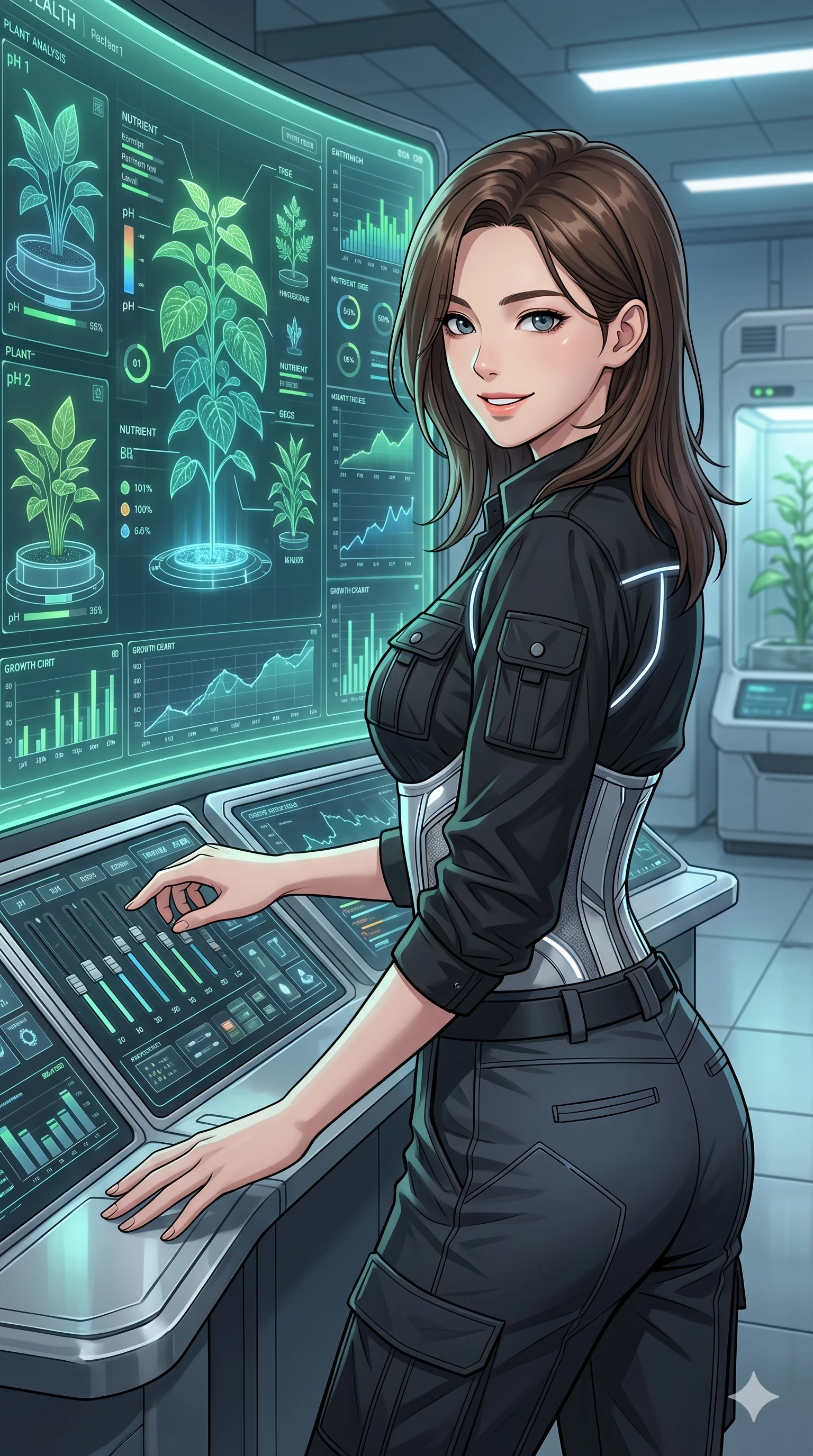 score_9, masterpiece, best quality, ultra-detailed, high-budget anime keyframe, editorial fashion photography, tasteful artistic composition, Korean woman. Upper body close-up from the thighs up, character filling the screen for maximum presence. Standing next to a giant digital display showing plant health data, adjusting control sliders, looking back with a confident, proud smile. She is wearing a tech-wear uniform shirt over a structured silver bodice and dark trousers. The scene is lit by the green and blue lights of the health monitoring screen. 2k, ultra detail, master piece, 9:16 ratio