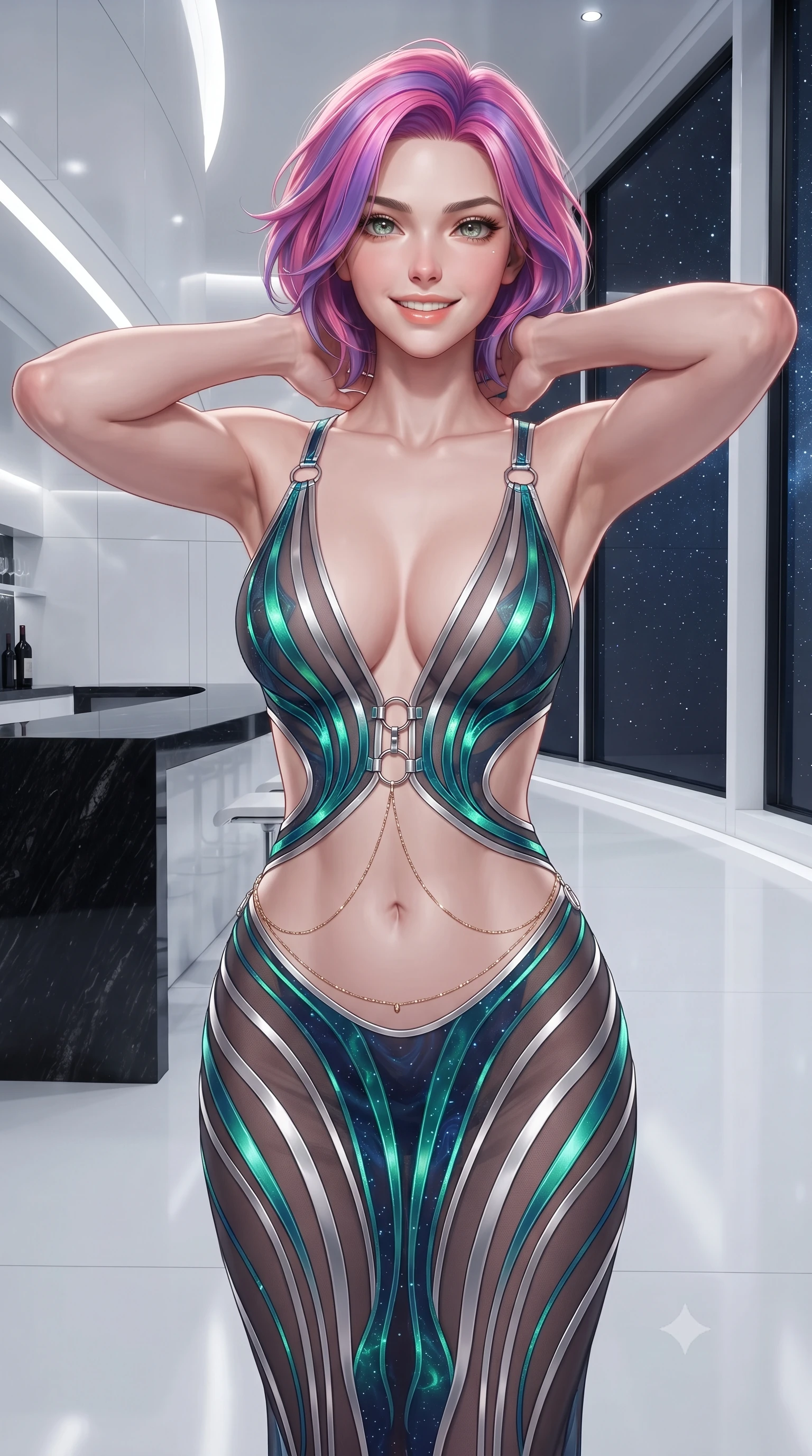 score_9, masterpiece, best quality, ultra-detailed, high-budget anime keyframe, editorial fashion photography, tasteful artistic composition, Caucasian woman. close-up cowboy shot from the waist and thighs up, the character dominates the composition, filling the frame with her large presence. resting both hands lightly behind her neck with elbows raised, arching her spine to highlight her narrow waist, flat midriff, and breathtaking collarbones while standing poised on the polished white polymer floor before the floor-to-ceiling starlight observation window, arching her back with aristocratic supermodel elegance. The surrounding environment is rendered in vivid detail and crisp panoramic clarity: sharp seamless white lacquer architectural lines, polished black obsidian bar grain, and crisp starlight reflections in deep focus. She has an exceptionally elegant, slender, and willowy female figure with an ultra-slim waist, flat toned midriff, narrow ribcage, and sculpted feminine hips creating an alluring, slim hourglass silhouette without bulk. sharp v-shaped jawline, high-bridge nose, intricate jewel-like sparkling eyes with depth, thick eyelashes, glossy parted lips with a natural peach sheen, bright cheerful beaming smile with an enchanting and coquettish sensual glint, exuding both youthful cute charm and seductive allure, flawlessly proportioned anatomical accuracy, strict slender model proportions, natural body alignment, perfectly sculpted long slender limbs, ultra-slim waistline, clean dynamic posture without body distortion. wearing a plunge-front sheer illusion tulle combat slip dress with liquid platinum ribbon stripes hugging her curves in bioluminescent emerald and abyssal sapphire, adorned with delicate chrome ring hardware and cutouts along her slender waist, accented with a dainty gold belly chain resting across her flat midriff and curving hips, the impeccably tailored cut draping gracefully along her slender figure with aristocratic poise. illuminated by white polymer floor reflection bounce and sharp platinum rim lights sculpting her jawline, narrow waist, and curvy hips. ultra-reflective glossy finish, specular highlights, rich textural contrasts, high-contrast stereoscopic depth, volumetric dynamic lighting, 2k, ultra detail, master piece, 9:16 ratio