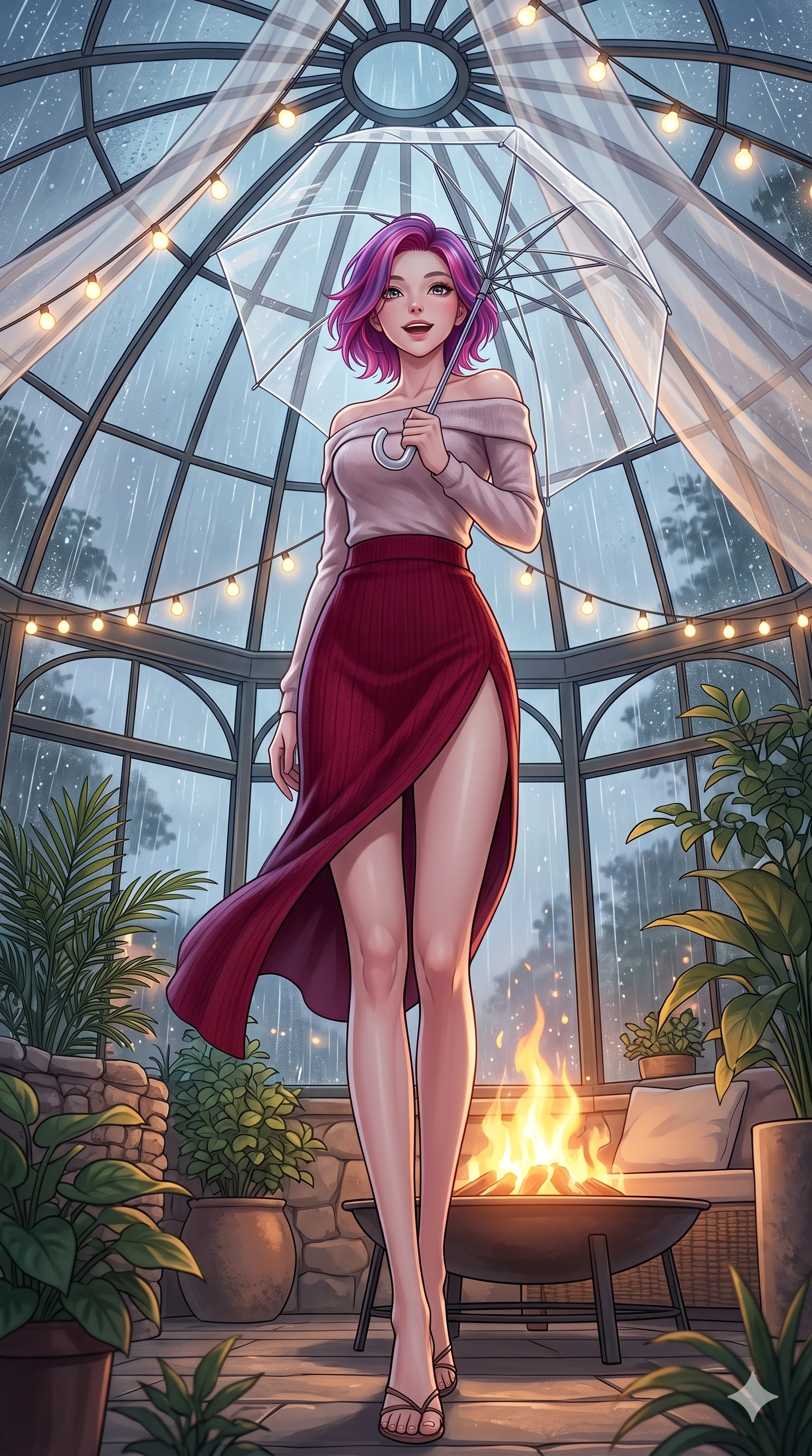 score_9, masterpiece, best quality, ultra-detailed, high-budget anime keyframe, vibrant anime aesthetic, Caucasian woman, strictly human ears. low angle full-body shot from head to toe showing her feet, filling the entire 9:16 vertical frame with her statuesque presence, stretching her vertical silhouette. She is holding a clear umbrella, looking up with a bright, joyful expression, gazing warmly at the viewer under the glass conservatory dome. on a private terrace with a warm outdoor fire pit, under a translucent canopy during a cool rain shower (Code-P22-047). She has an absolutely perfect 8-heads proportion, an exceptionally tall and slender female figure with impossibly long slender legs and an ultra-slim waist. V-shaped jawline, high-bridge nose, intricate jewel-like eyes with depth, thick eyelashes, glossy lips with a natural sheen. wearing an off-shoulder long-sleeve shirt and a high-slit knit skirt in deep crimson. She is lit by warm, glowing fairy lights strung across the glass conservatory roof, casting clean highlights that trace her slim waist in the cozy indoor garden. 2k, ultra detail, master piece, 9:16 ratio