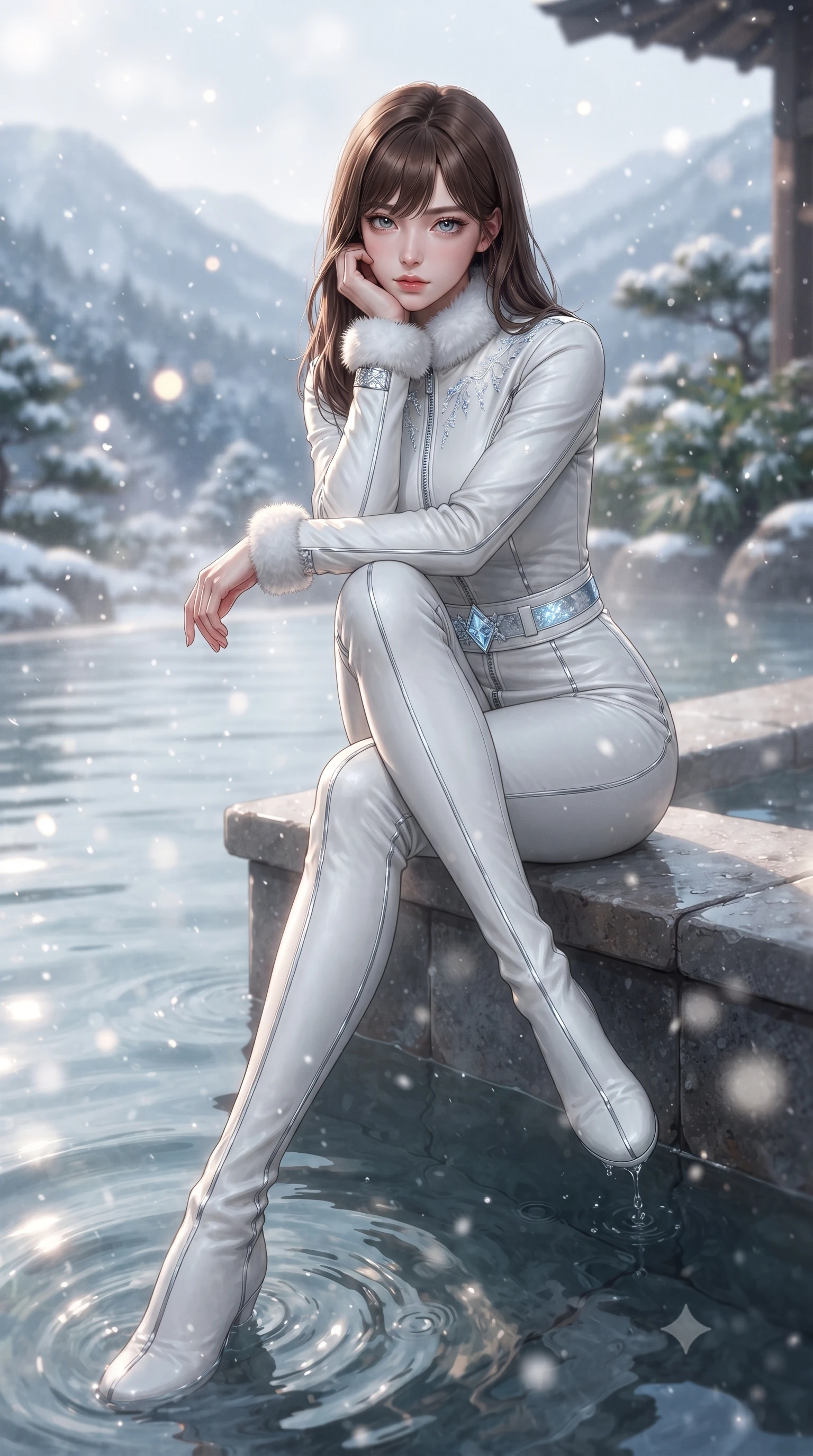 score_9, masterpiece, best quality, ultra-detailed, high-budget anime keyframe, editorial fashion photography, tasteful artistic composition, Korean woman. low angle full-body shot from head to toe showing her feet, filling the entire 9:16 vertical frame with her statuesque presence, stretching her vertical silhouette. sitting poised on the elevated edge with legs crossed and extended, her tall 8.5-heads proportions dominating the scene with effortless poise while resting her chin on her crossed arms at the infinity pool's edge, gazing into the camera with bedroom-eyes. The composition keeps background elements in soft focus with creamy bokeh. thermal water droplet ripples and drifting snow particles scattering soft luminous light motes. She has an absolutely perfect, statuesque 8.5-heads proportion, an exceptionally tall and slender model-like female figure with impossibly long slender legs, a toned flat midriff, and an ultra-slim waist. sharp v-shaped jawline, high-bridge nose, intricate jewel-like eyes with depth, thick eyelashes, glossy parted lips with a natural sheen, intensely captivating and seductive expression, flawlessly proportioned anatomical accuracy, strict slender model proportions, natural body alignment, perfectly sculpted long slender limbs, ultra-slim waistline, clean dynamic posture without body distortion. wearing a form-fitting thermal catsuit with reflective silver piping and an ultra-flattering waist-cinching belt in ice crystal blue and brushed platinum, tailored from supple white lambskin leather with fur trim accents, finished with delicate crystal frost embroidery tracing the collarbones, the form-contouring material adhering flawlessly to her sculpted flat midriff and slender torso, emphasizing her long leg lines and perfectly proportioned willowy build. surrounded by an intimate, tranquil, and deeply sensual mountain onsen muse aura. ultra-reflective glossy finish, specular highlights, rich textural contrasts, high-contrast stereoscopic depth, volumetric dynamic lighting, 2k, ultra detail, master piece, 9:16 ratio