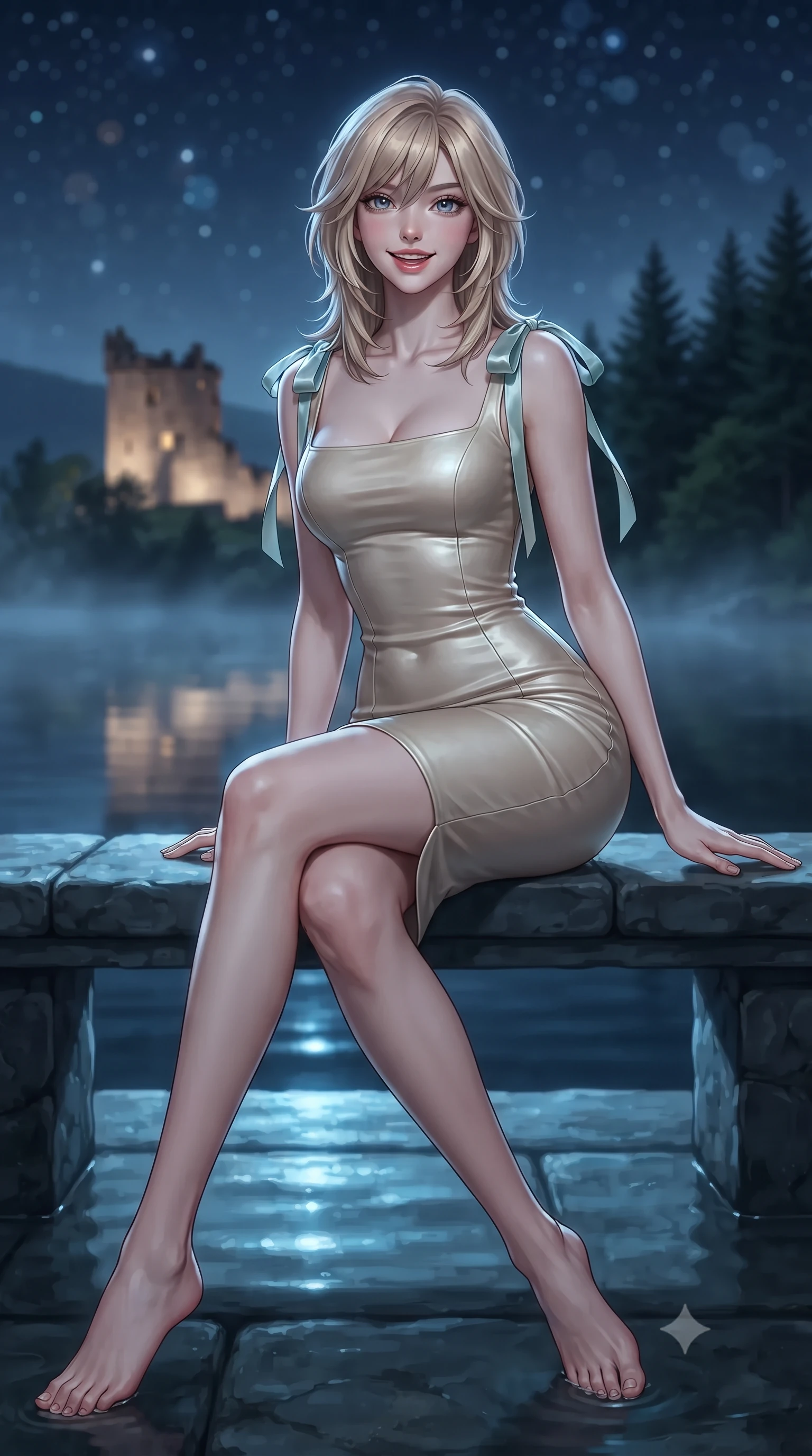 score_9, masterpiece, best quality, ultra-detailed, high-budget anime keyframe, editorial fashion photography, tasteful artistic composition, Japanese woman. low angle full-body shot from head to toe showing her feet, filling the entire 9:16 vertical frame with her statuesque presence, stretching her vertical silhouette. lounging on the lavish daybed with legs crossed and hips angled toward the camera, displaying her toned midriff and long slender limbs with effortless siren poise while sitting gracefully on the submerged pool bench with legs crossed, flashing a radiant, playful smile with parted glossy lips. The background shows a soft-focus illuminated silhouette of Urquhart Castle tower across misty black loch waters, dense Scottish pine forests, and starry night sky blurred into topaz, slate, and sapphire bokeh. She has an exceptionally tall and slender model-like 8.5-heads proportion, an ultra-slim waist, a flat toned midriff, narrow delicate ribcage, and beautifully sculpted feminine hips creating a graceful, slim hourglass silhouette without any bulky heaviness, with impossibly long slender legs. sharp v-shaped jawline, high-bridge nose, intricate jewel-like sparkling eyes with depth, thick eyelashes, glossy parted lips with a natural peach sheen, bright cheerful beaming smile with an enchanting and coquettish sensual glint, exuding both youthful cute charm and seductive allure, flawlessly proportioned anatomical accuracy, strict slender model proportions, natural body alignment, perfectly sculpted long slender limbs, ultra-slim waistline, clean dynamic posture without body distortion. wearing a glove-like stretch lambskin leather sheath dress accentuating her ultra-slim waistline in Deauville Belle Époque champagne luster and seafoam pearl, crafted from bespoke double-faced cashmere with an exceptionally soft tactile finish, finished with satin ribbon ties at the shoulders fluttering in the gentle breeze, the liquid-tight tailored fabric clinging flawlessly to her narrow waist and rounded feminine hips, emphasizing every millimeter of her sculpted slim hourglass curves without any bulky heaviness. illuminated by loch water reflection bounce and sharp platinum-cyan rim lights defining her dewy collarbones, ultra-slim waist, and curvy hips. ultra-reflective glossy finish, specular highlights, rich textural contrasts, high-contrast stereoscopic depth, volumetric dynamic lighting, 2k, ultra detail, master piece, 9:16 ratio