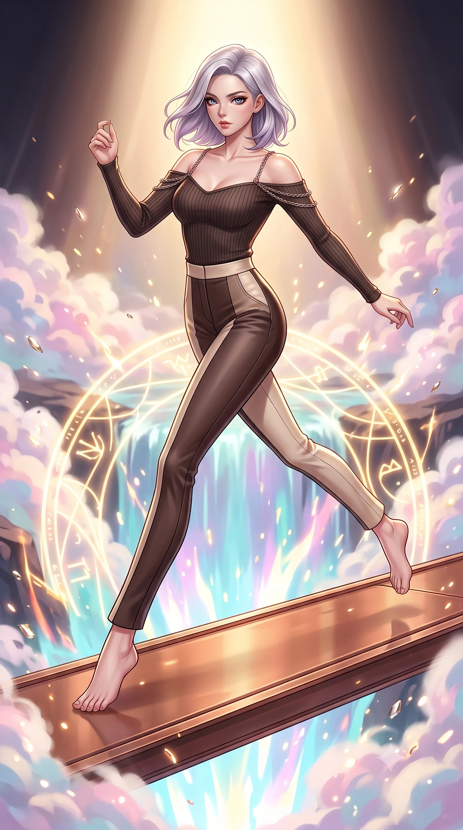 score_9, masterpiece, best quality, ultra-detailed, high-budget anime keyframe, editorial fashion photography, tasteful artistic composition, Caucasian woman. low angle full-body shot from head to toe showing her feet, filling the entire 9:16 vertical frame with her statuesque presence, stretching her vertical silhouette. forging dynamically through the scene with her long slender legs and ultra-slim waist creating a sweeping S-curve while leaping across a copper catwalk as boiling liquid aurora energy erupts below, pastel-colored steam clouds scattering bright metallic highlights. She has an absolutely perfect, statuesque 8.5-heads proportion, an exceptionally tall and slender model-like female figure with impossibly long slender legs and an ultra-slim waist. sharp v-shaped jawline, high-bridge nose, intricate jewel-like eyes with depth, thick eyelashes, glossy lips with a natural sheen, flawlessly proportioned anatomical accuracy, natural body alignment, perfectly sculpted elegant limbs, clean dynamic posture without body distortion. wearing a sleek off-shoulder ribbed knit top paired with high-waist tailored pants in espresso brown and warm cream, made of fine carbon-fiber weave and soft matte leather, adorned with delicate metallic chain straps along the neckline, the elegant draped fit framing her graceful clavicle and slender torso. illuminated by golden alchemy rune radiance and dramatic top key light. highly saturated vibrant anime colors, detailed shading with soft gradients, rich glossy textures, high-contrast stereoscopic depth, volumetric dynamic lighting, master piece, 9:16 ratio