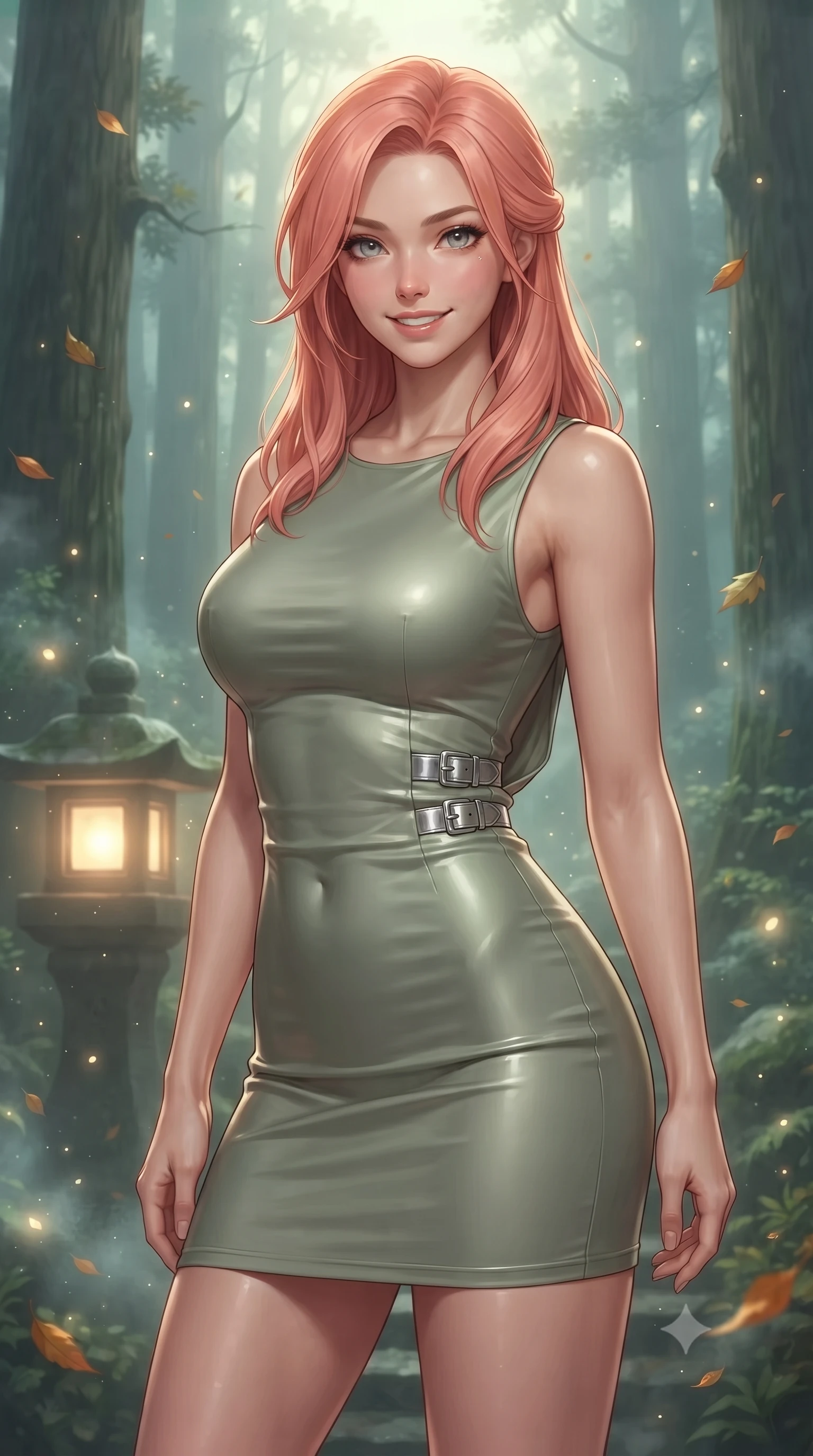 score_9, masterpiece, best quality, ultra-detailed, high-budget anime keyframe, editorial fashion photography, tasteful artistic composition, Japanese woman. close-up cowboy shot from the waist and thighs up, the character dominates the composition, filling the frame with her large presence, background elements kept in soft focus. Smiling with quiet, magnetic self-assurance directly into the lens standing near a sacred stone lantern glowing softly in a cedar grove at dawn, floating autumn leaves and glowing mist motes adding serene magic. She has an exceptionally elegant, slender, and willowy female figure with an ultra-slim waist, a gracefully sculpted slender torso, and a refined silhouette. sharp v-shaped jawline, high-bridge nose, intricate jewel-like eyes with depth, thick eyelashes, glossy lips with a natural sheen. wearing a precision-fitted liquid jersey bodycon dress with a draped back in sage green and oatmeal, crafted from smooth liquid silk, detailed with polished silver buckles along the waistline, the tailored fabric tightly following every curve of her athletic build. bathed in mystical golden morning light filtered through dense forest fog. ultra-reflective glossy finish, specular highlights, metallic sheen, high-contrast stereoscopic depth, volumetric dynamic lighting, 2k, ultra detail, master piece, 9:16 ratio