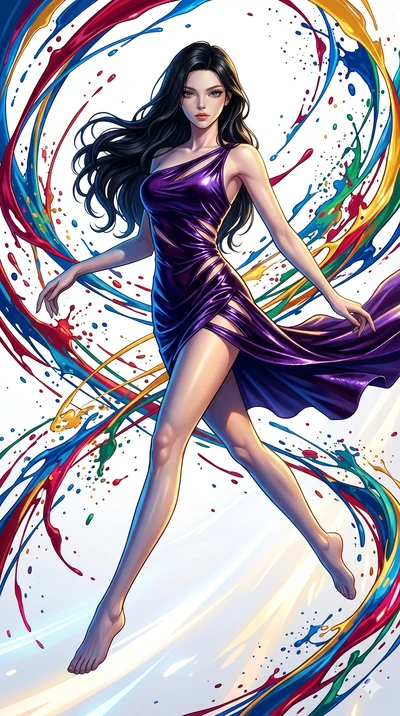 score_9, masterpiece, best quality, ultra-detailed, high-budget anime keyframe, Caucasian woman, strictly human ears. low angle full-body shot filling the entire 9:16 frame with her statuesque presence, stretching the vertical silhouette. leaping int