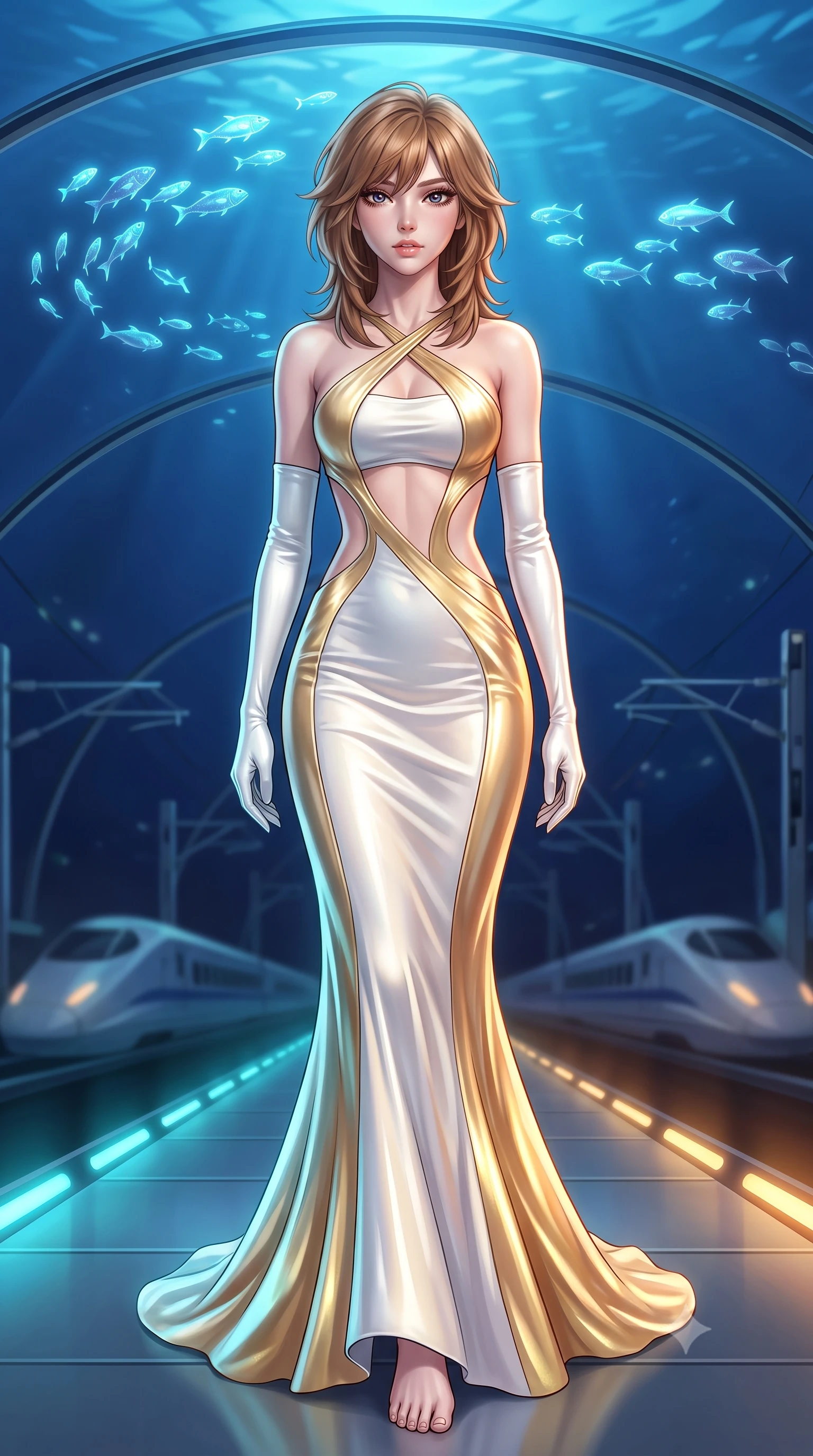 score_9, masterpiece, best quality, ultra-detailed, high-budget anime keyframe, semi-realistic 3D game render, editorial fashion photography, tasteful artistic composition, Korean woman. low angle full-body shot from head to toe showing her feet, filling the entire 9:16 vertical frame with her statuesque presence, stretching her vertical silhouette. striding forward in a proud supermodel runway stride, hips swaying in an alluring kinetic rhythm that accentuates her curvy hourglass silhouette while standing on the sleek composite platform beneath a curved transparent acrylic ceiling looking into the deep blue ocean, arching her back as schools of glowing fish glide above. The composition keeps background elements in soft focus with creamy bokeh. aerodynamic bullet train silhouettes and high-tech platform gantries softened in moody cyberpunk shallow focus. She has an exceptionally tall and slender model-like 8.5-heads proportion, an ultra-slim waist, a flat toned midriff, narrow delicate ribcage, and beautifully sculpted feminine hips creating a graceful, slim hourglass silhouette without any bulky heaviness, with impossibly long slender legs. sharp v-shaped jawline, high-bridge nose, intricate jewel-like eyes with depth, thick eyelashes, glossy parted lips with a natural sheen, intensely captivating and seductive bedroom-eyes expression, flawlessly proportioned anatomical accuracy, strict slender model proportions, natural body alignment, perfectly sculpted long slender limbs, ultra-slim waistline, clean dynamic posture without body distortion. wearing a sculptured liquid-satin mermaid gown with an architectural open-waist cutout and bare spine in pure alabaster white and sun-kissed gold, crafted from luxurious metallic lamé that shifts radiance with every step, accessorized with opera-length satin gloves and a vintage crystal glass, the liquid-tight tailored fabric clinging flawlessly to her narrow waist and rounded feminine hips, emphasizing every millimeter of her sculpted slim hourglass curves without any bulky heaviness. bathed in high-contrast cyan and amber track edge lights contrasting with deep ocean blue overhead ambient glow. highly saturated vibrant anime colors, detailed shading with soft gradients, rich glossy textures, high-contrast stereoscopic depth, volumetric dynamic lighting, master piece, 9:16 ratio