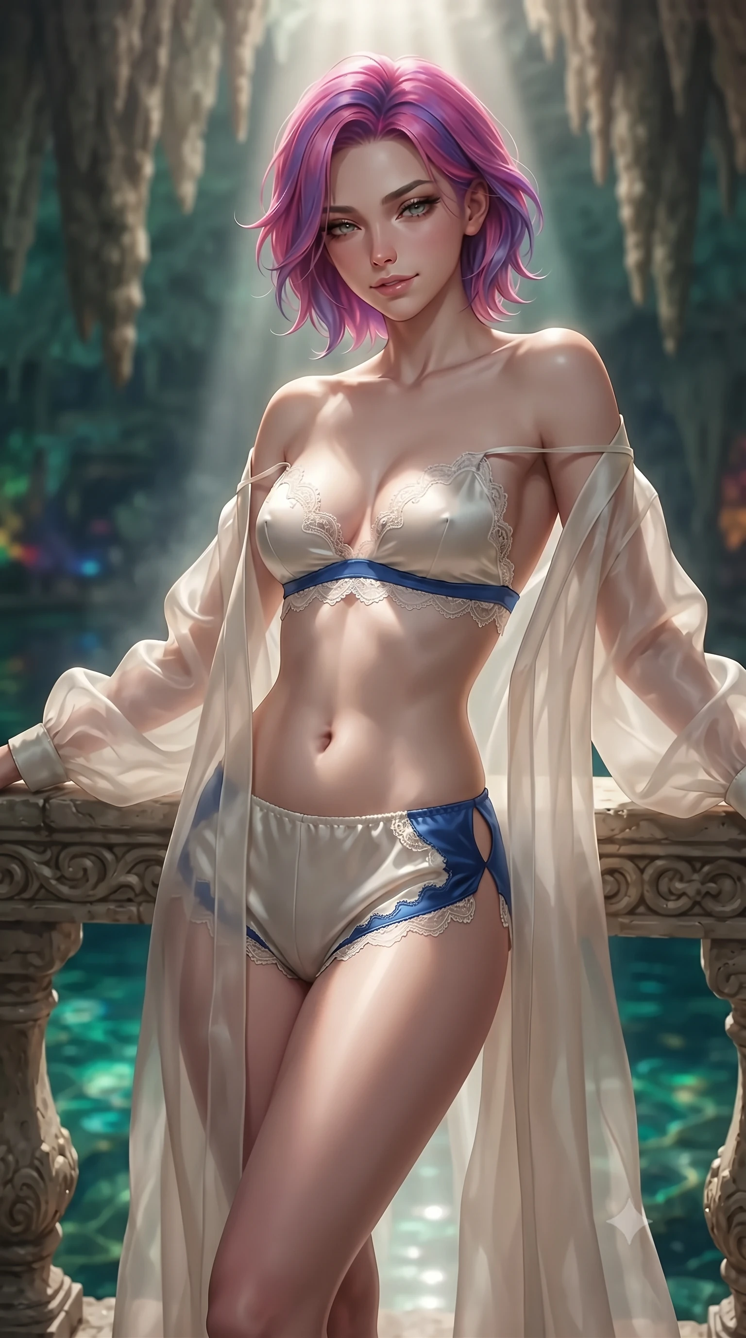 score_9, masterpiece, best quality, ultra-detailed, high-budget anime keyframe, editorial fashion photography, tasteful artistic composition, Caucasian woman. close-up cowboy shot from the waist and thighs up, the character dominates the composition, filling the frame with her large presence. leaning back against the balustrade with relaxed seductive grace, head tilted back slightly while casting a hypnotic, heavy-lidded gaze while twisting her slender torso in an alluring contrapposto stance, shimmering emerald water reflections and celestial sunbeams caressing her flat midriff and hips. The background shows a soft-focus colossal hanging limestone stalactites, single beam of sunlight cutting through subterranean mist, and translucent emerald cavern water blurred into jade, topaz, and obsidian bokeh. She has an exceptionally elegant, slender, and willowy female figure with an ultra-slim waist, flat toned midriff, narrow ribcage, and sculpted feminine hips creating an alluring, slim hourglass silhouette without bulk. sharp v-shaped jawline, high-bridge nose, intricate jewel-like sparkling eyes with depth, thick eyelashes, glossy parted lips with a natural peach sheen, bright cheerful beaming smile with an enchanting and coquettish sensual glint, exuding both youthful cute charm and seductive allure, flawlessly proportioned anatomical accuracy, strict slender model proportions, natural body alignment, perfectly sculpted long slender limbs, ultra-slim waistline, clean dynamic posture without body distortion. wearing a sheer silk organza modern caftan robe worn loose and slipping off bare shoulders over a matching satin bralette and micro-shorts in Normandy Étretat alabaster chalk white and Atlantic cobalt, woven from buttery-soft stretch lambskin leather adhering to her body like a second skin, finished with scalloped eyelash lace trim framing her sweetheart neckline with intimate elegance, the precision-cut side openings and low-back scoop framing her graceful spine and the sensual sweep of her slim, toned hips. bathed in the theatrical 5000K vertical god-ray sunbeam shaft contrasting with warm 2600K amber cave wall accent downlights. ultra-reflective glossy finish, specular highlights, rich textural contrasts, high-contrast stereoscopic depth, volumetric dynamic lighting, 2k, ultra detail, master piece, 9:16 ratio