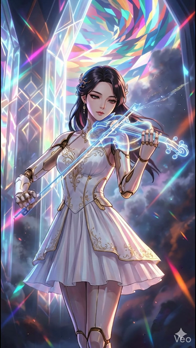 Cinematic 8-second video. The woman elegantly plays the translucent, glowing blue violin. Her robotic fingers move with precision on the strings, and light particles drift from the bow. The background prismatic structures shimmer and reflect rainbows