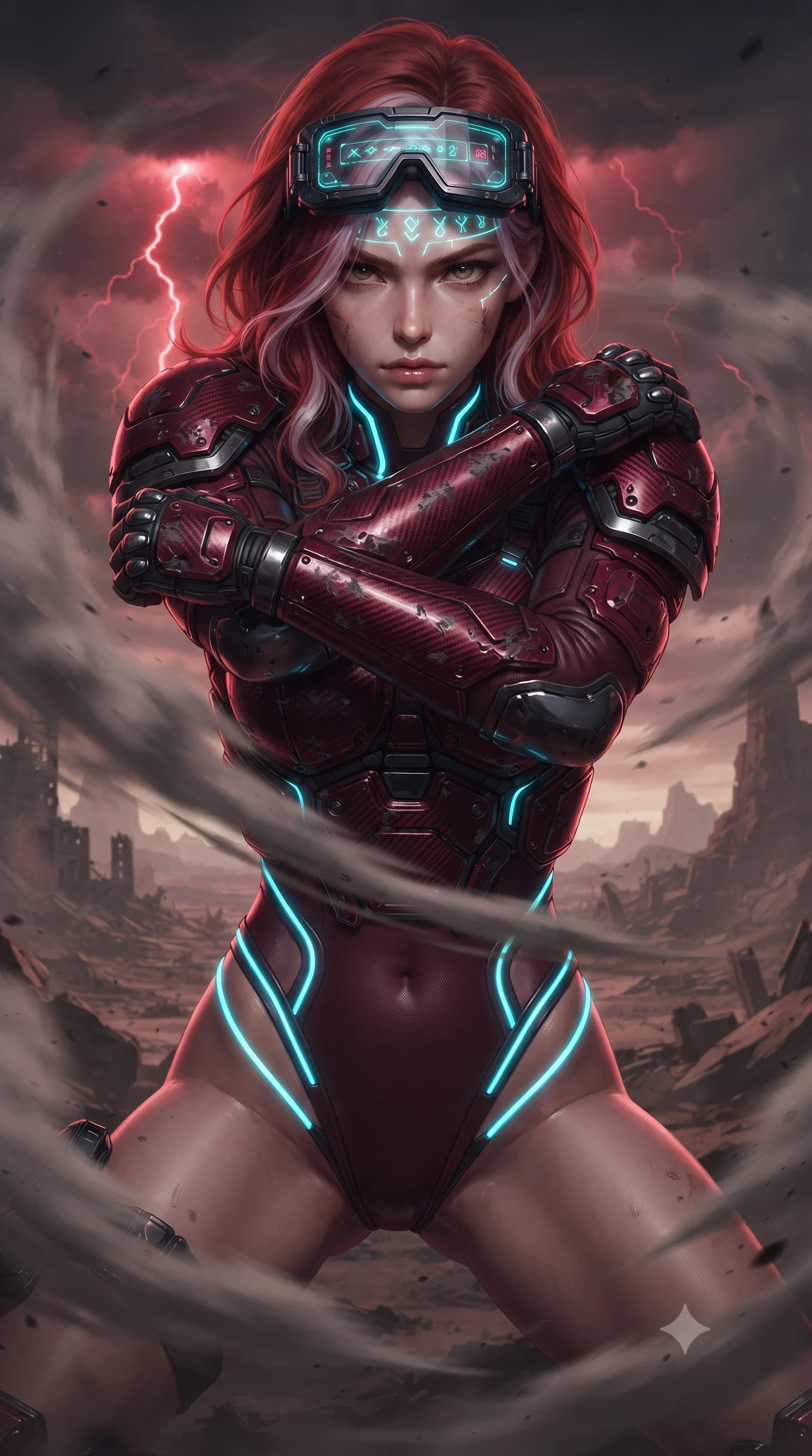 score_9, masterpiece, best quality, ultra-detailed, high-budget anime keyframe, editorial fashion photography, tasteful artistic composition, Caucasian woman. close-up cowboy shot from the waist and thighs up, the character dominates the composition, filling the frame with her large presence. shifting into a low cat-stance with arms crossed defensively, glowing energy conduits tracing her ultra-slim waist and sculpted clavicle while pivoting dynamically as an ash whirlwind erupts around her, striking a grounded Panzer Kunst defensive guard. The surrounding environment is rendered in vivid detail and crisp panoramic clarity. dramatic post-apocalyptic chiaroscuro and vast desolate wasteland geometry rendered in panoramic precision. She has an exceptionally elegant, slender, and willowy female figure with an ultra-slim waist, a gracefully sculpted slender torso, toned flat midriff, and a refined slim silhouette. sharp v-shaped jawline, high-bridge nose, intricate jewel-like eyes with depth, thick eyelashes, glossy lips with a natural sheen, fierce and resolute heroine expression, flawlessly proportioned anatomical accuracy, strict slender model proportions, natural body alignment, perfectly sculpted long slender limbs, ultra-slim waistline, clean dynamic posture without body distortion. wearing high-tech holographic tactical goggles resting tipped up on her forehead, casting glowing neon runes across her brow without obscuring her features, paired with a heavy modular carbon-fiber combat cuirass paired with a second-skin tactical leotard and reinforced titanium shoulder pauldrons in deep battle-scarred crimson carbon weave with specular dark chrome accents, tailored from flexible second-skin ballistic carbon-mesh adhering flawlessly to her athletic build, accented with glowing fiber-optic telemetry conduits tracing her collarbones and hip curves, the precision-cut daring openings accentuating her delicate midriff, graceful bare collarbones, and ultra-slim feminine waistline. bathed in eerie crimson lightning storm backlighting and ominous dark ash ambient fill. ultra-reflective glossy finish, specular highlights, dark metallic sheen, high-contrast stereoscopic depth, volumetric dynamic lighting, 2k, ultra detail, master piece, 9:16 ratio
