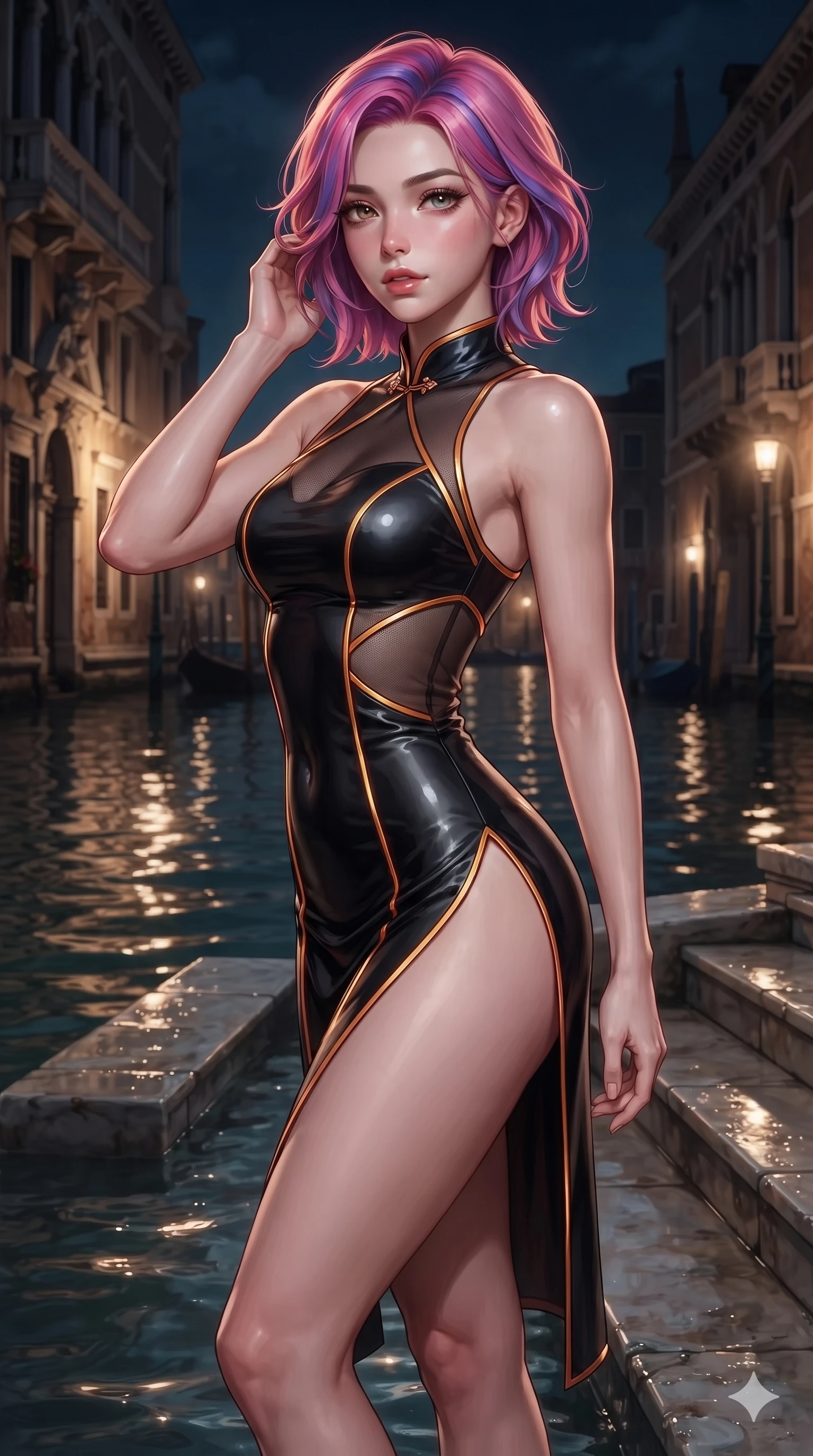 score_9, masterpiece, best quality, ultra-detailed, high-budget anime keyframe, editorial fashion photography, tasteful artistic composition, Caucasian woman. close-up cowboy shot from the waist and thighs up, the character dominates the composition, filling the frame with her large presence. gently brushing a lock of hair behind her ear while casting a playful, flirtatious side-gaze with long eyelashes while standing poised on the submerged marble water-steps, arching her spine with seductive elegance as canal waves lap gently against the palazzo foundation. The surrounding environment is rendered in vivid detail and crisp panoramic clarity: detailed dress tailoring, liquid-tight fit, and ancient Venetian engineering in razor-sharp precision. She has an exceptionally elegant, slender, and willowy female figure with an ultra-slim waist, flat toned midriff, narrow ribcage, and sculpted feminine hips creating an alluring, slim hourglass silhouette without bulk. sharp v-shaped jawline, high-bridge nose, intricate jewel-like eyes with depth, thick eyelashes, glossy parted lips with a natural sheen, intensely captivating and seductive bedroom-eyes expression, flawlessly proportioned anatomical accuracy, strict slender model proportions, natural body alignment, perfectly sculpted long slender limbs, ultra-slim waistline, clean dynamic posture without body distortion. wearing a modernized cyber-qipao mini dress with an ultra-high side slit ascending to the hip and glowing piping in molten desert gold and burnt terracotta, accented with semi-sheer mesh inserts accentuating her sculpted flat midriff, finished with criss-cross back satin straps highlighting her graceful shoulder blades, the form-contouring silhouette accentuating her sculpted flat midriff, narrow delicate ribcage, and gracefully curvy hips with intoxicating allure. bathed in romantic 2600K gaslight lantern radiance mixed with cool nocturnal canal reflections. ultra-reflective glossy finish, specular highlights, rich textural contrasts, high-contrast stereoscopic depth, volumetric dynamic lighting, 2k, ultra detail, master piece, 9:16 ratio