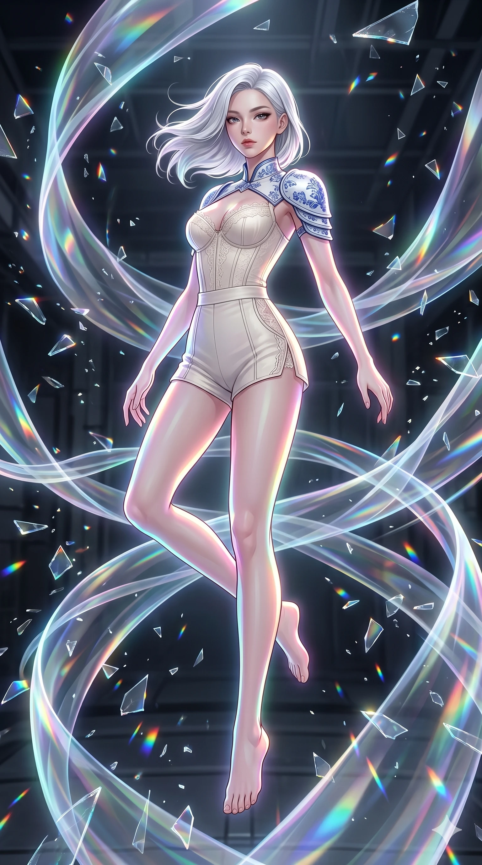 score_9, masterpiece, best quality, ultra-detailed, high-budget anime keyframe, editorial fashion photography, tasteful artistic composition, Korean woman. low angle full-body shot from head to toe showing her feet, filling the entire 9:16 vertical frame with her statuesque presence, stretching her vertical silhouette. performing an aerial flip over inside a kinetic wind tunnel with swirling ribbons of holographic wind currents as floating shattered glass shards refract light like tiny prisms. She has an absolutely perfect 8-heads proportion, an exceptionally tall and slender female figure with impossibly long slender legs and an ultra-slim waist. V-shaped jawline, high-bridge nose, intricate jewel-like eyes with depth, thick eyelashes, glossy lips with a natural sheen.. wearing a porcelain-engraved hard shoulder plate with blue patterns and a structured ivory lace-trimmed corset top with high-waisted shorts and elegant side-panel detailing. enhanced by a luminous pastel spectrum glow, casting elegant rim lights on her shoulders and jawline. 2k, ultra detail, master piece, 9:16 ratio