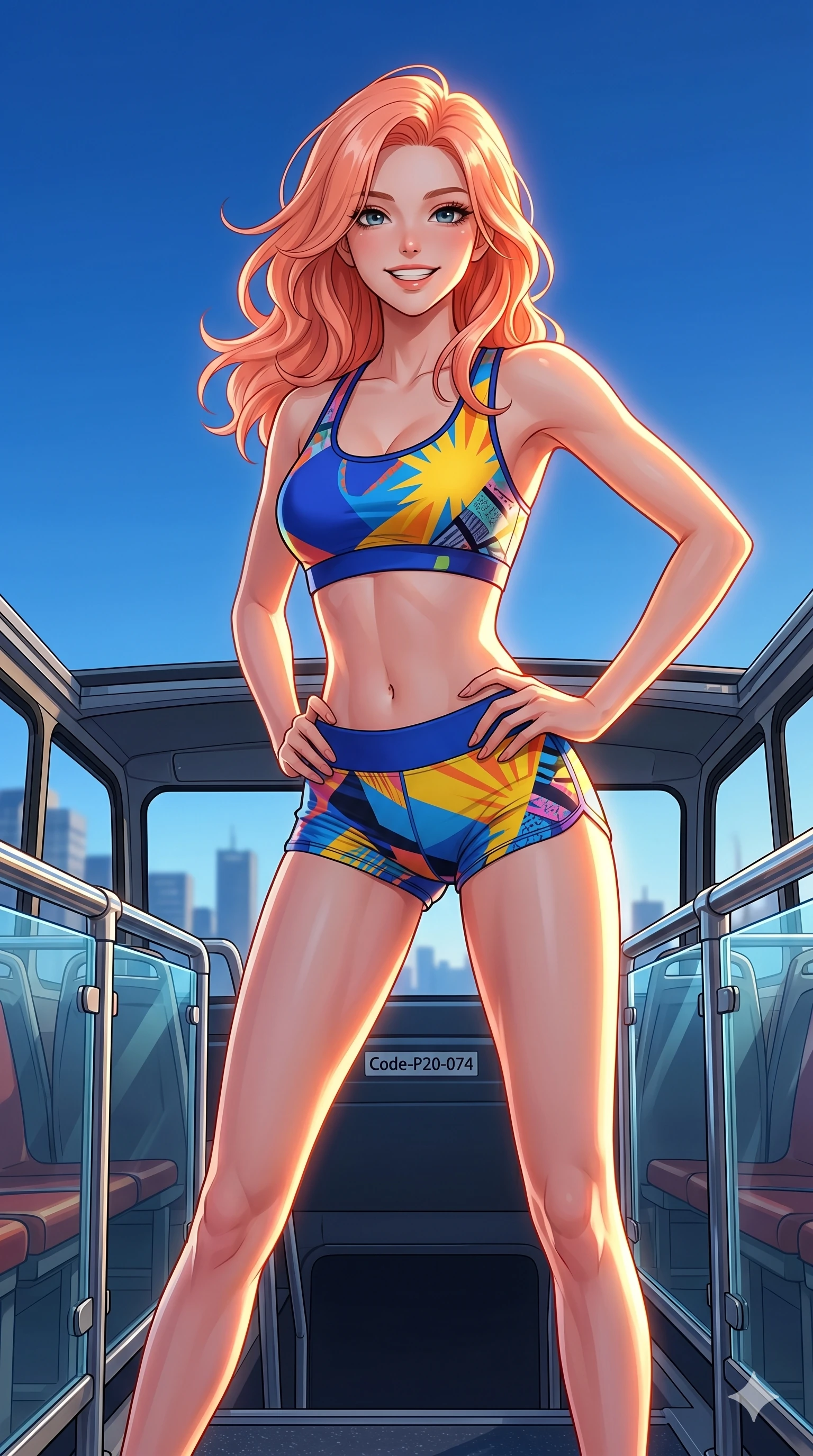 score_9, masterpiece, best quality, ultra-detailed, high-budget anime keyframe, vibrant anime aesthetic, Japanese woman. cowboy shot from the thighs up, character and outfit filling the frame for maximum presence. She is posing with a joyful, energetic smile, looking directly into the lens on an open-air luxury bus deck under a clear blue sky (Code-P20-074). She has an absolutely perfect 8-heads proportion, an exceptionally tall and slender female figure with impossibly long slender legs and an ultra-slim waist. V-shaped jawline, high-bridge nose, intricate jewel-like eyes with depth, thick eyelashes, glossy lips with a natural sheen. wearing a skin-tight activewear set with sports bra and micro-shorts. She is intense warm rim lights, outlining her 8-heads proportion and V-shaped jawline. 2k, ultra detail, master piece, 9:16 ratio
