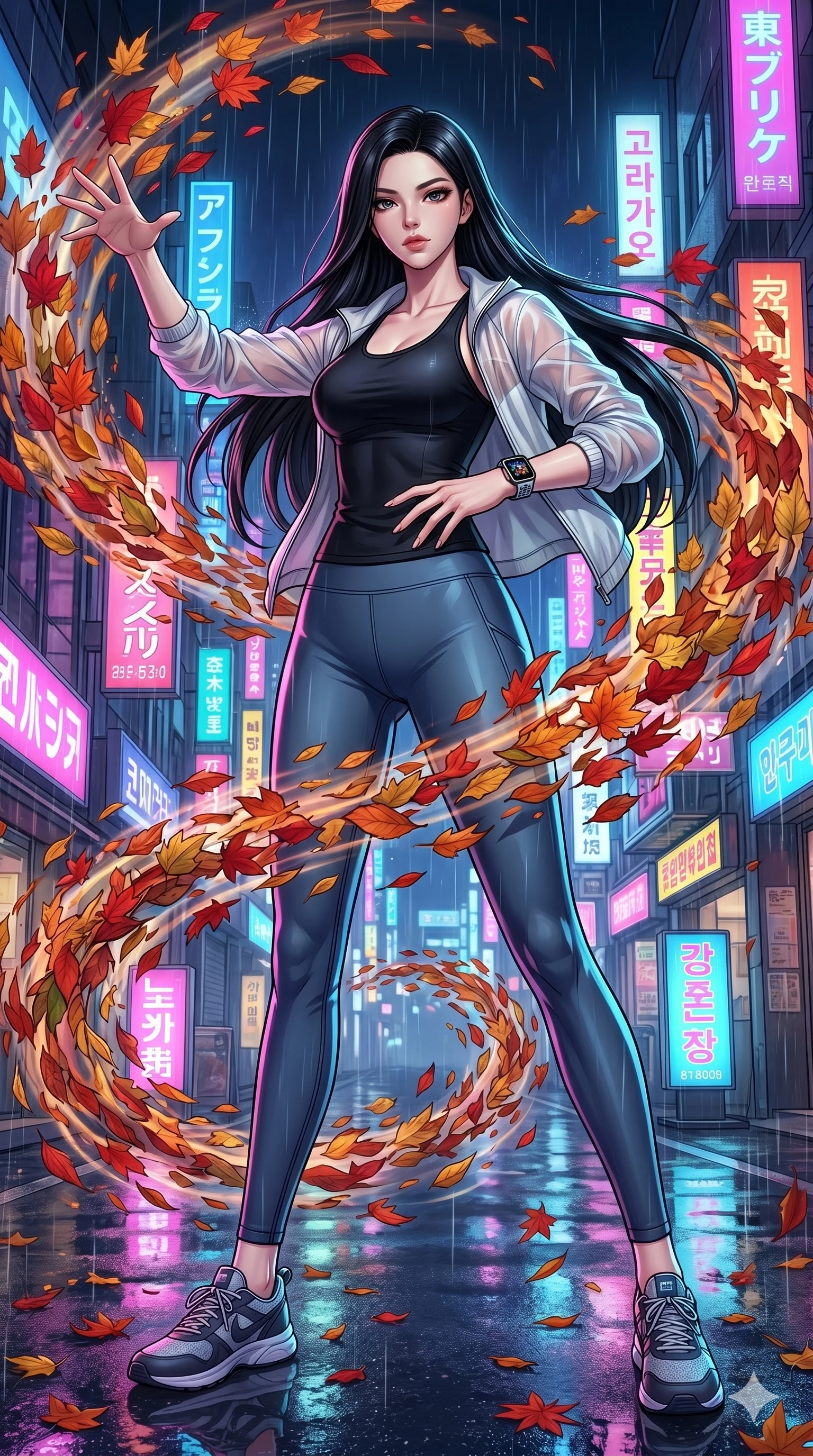 score_9, masterpiece, best quality, ultra-detailed, Set C: High-budget Anime Keyframe, Korean woman. Low angle cowboy shot filling the entire 9:16 frame with her statuesque presence. Summoning a vortex of colorful leaves in a futuristic Tokyo street with neon signs. She has an absolutely perfect 8-heads proportion, an exceptionally tall and slender female figure with elegant long slender legs and an slender waist. Sharp v-shaped jawline, high-bridge nose, intricate jewel-like eyes with depth, thick eyelashes, glossy lips. Wearing a Premium Athleisure outfit: sleek activewear with a sheer windbreaker and athletic midsection. Background is a bright and colorful city street with vibrant neon, rain reflections, and swirling fall foliage. 2k, ultra detail, master piece, 9:16 ratio