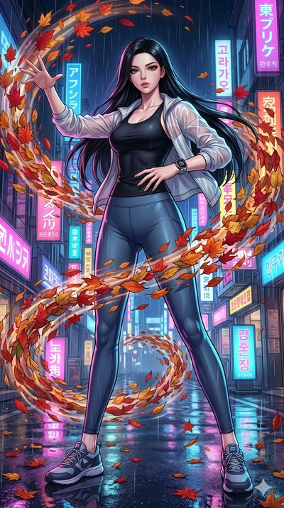 score_9, masterpiece, best quality, ultra-detailed, Set C: High-budget Anime Keyframe, Korean woman. Low angle cowboy shot filling the entire 9:16 frame with her statuesque presence. Summoning a vortex of colorful leaves in a futuristic Tokyo street 