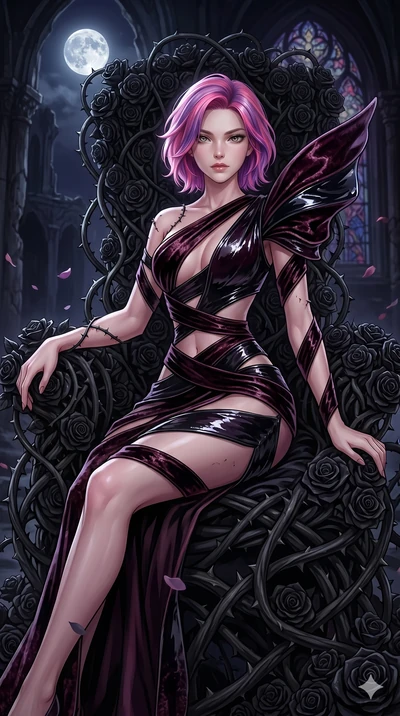 score_9, masterpiece, best quality, ultra-detailed, High-budget Anime Keyframe, East Asian woman. Dynamic full-body shot stretching the vertical silhouette to the limit. Scenario 60: Resting on a throne of black roses, thorns grazing her skin. Her pr