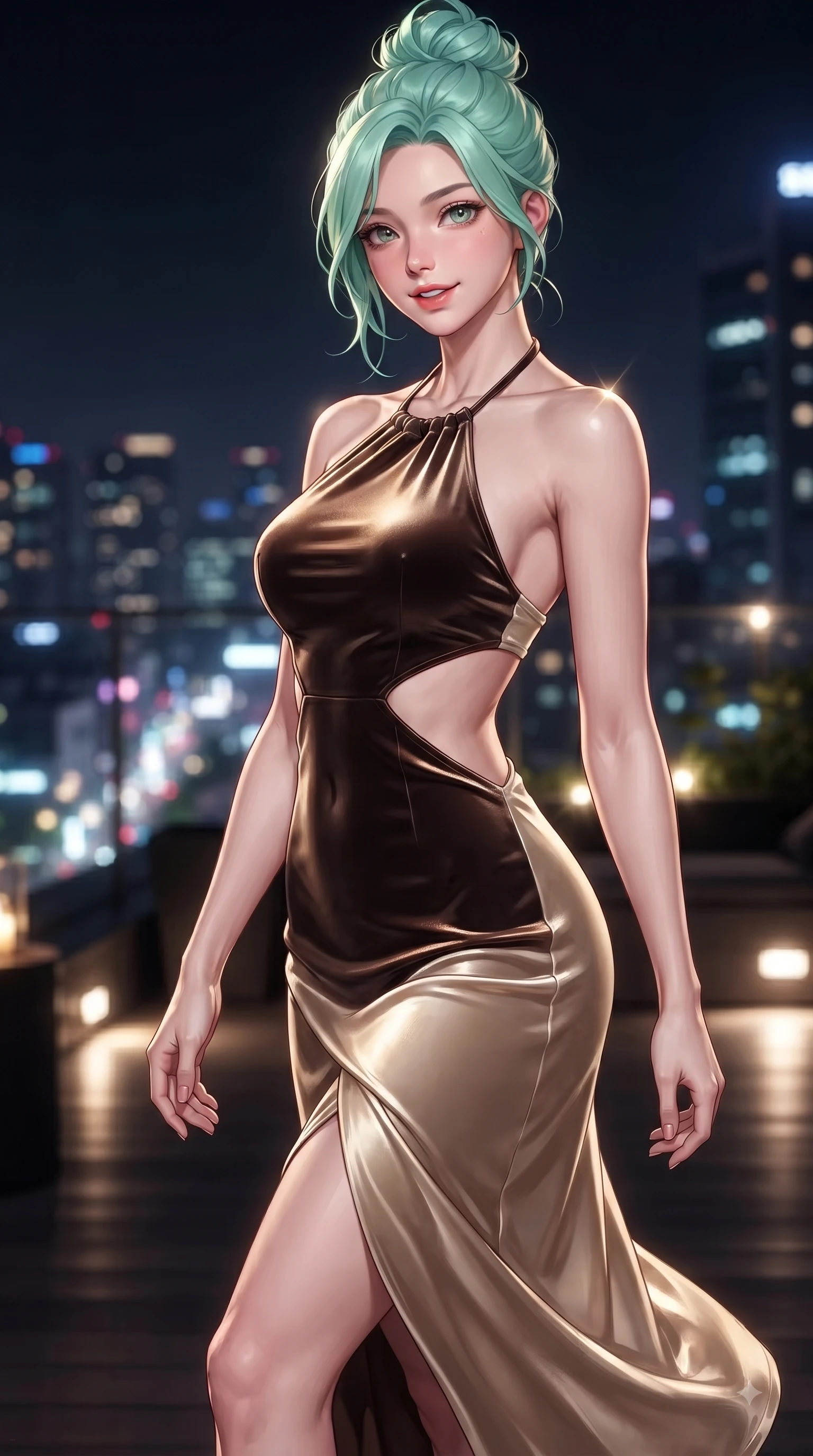 score_9, masterpiece, best quality, ultra-detailed, high-budget anime keyframe, editorial fashion photography, tasteful artistic composition, Japanese woman. close-up cowboy shot from the waist and thighs up, the character dominates the composition, filling the frame with her large presence, background elements kept in soft focus. Playful cute expression with a warm smile and parted lips, looking right into the camera with vibrant energy while pivoting dynamically on a open-air Itaewon rooftop lounge as city night lights twinkle below, cool evening breeze fluttering her chic trendy outfit into fluid motions. She has an exceptionally elegant, slender, and willowy female figure with an ultra-slim waist, a gracefully sculpted slender torso, and a refined silhouette. sharp v-shaped jawline, high-bridge nose, intricate jewel-like eyes with depth, thick eyelashes, glossy lips with a natural sheen, flawlessly proportioned anatomical accuracy, natural body alignment, perfectly sculpted elegant limbs, clean dynamic posture without body distortion. wearing a velvet halter-neck midi dress following her form like a glove in espresso brown and warm cream, crafted from lustrous satin jersey with fluid draping, featuring clean architectural cutouts along her slender torso, the elegant draped fit framing her graceful clavicle and slender torso. bathed in dramatic high-contrast urban night lights and sleek golden spotlights. ultra-reflective glossy finish, specular highlights, metallic sheen, high-contrast stereoscopic depth, volumetric dynamic lighting, 2k, ultra detail, master piece, 9:16 ratio