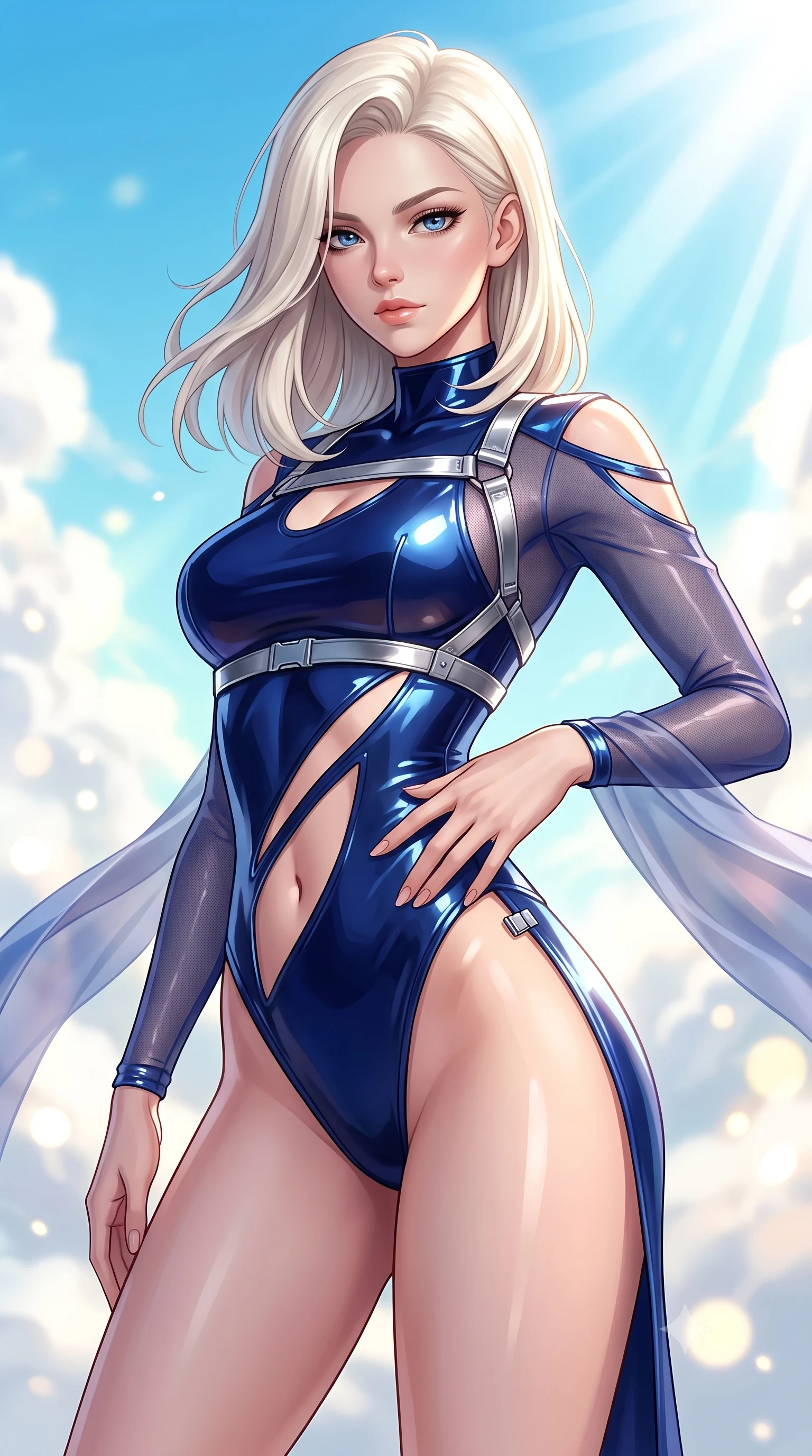 score_9, masterpiece, best quality, ultra-detailed, high-budget anime keyframe, semi-realistic 3D game render, editorial fashion photography, tasteful artistic composition, Caucasian woman. close-up cowboy shot from the waist and thighs up, the character dominates the composition, filling the frame with her large presence. twisting her upper body in a dynamic S-curve with an alluring smolder, one hand trailing along her slender waist while arching her spine gracefully as high-altitude breezes flutter her silk wrap under a cloudless turquoise sky. The composition keeps background elements in soft focus with creamy bokeh. brilliant high-noon sunrays scattering radiant light curtains across a bright backdrop. She has an exceptionally elegant, slender, and willowy female figure with an ultra-slim waist, a gracefully sculpted slender torso, toned flat midriff, and a refined slim silhouette. sharp v-shaped jawline, high-bridge nose, intricate jewel-like eyes with depth, thick eyelashes, glossy lips with a natural sheen, flawlessly proportioned anatomical accuracy, strict slender model proportions, natural body alignment, perfectly sculpted long slender limbs, ultra-slim waistline, clean dynamic posture without body distortion. wearing an ultra-sleek high-cut tech-bodysuit featuring dangerous diagonal slitted cutouts on the midriff and shoulders, reinforced by a metallic silver harness and sheer mesh sleeves in deep royal navy blue and specular chrome, formed from high-gloss patent material with specular light reflections, finished with an ultra-high side slit secured by miniature magnetic clasps, the precision-cut daring openings accentuating her delicate midriff, graceful bare collarbones, and ultra-slim feminine waistline. surrounded by an exhilarating, elevated, and radiantly sensual cloud-palace aura. highly saturated vibrant anime colors, detailed shading with soft gradients, rich glossy textures, high-contrast stereoscopic depth, volumetric dynamic lighting, master piece, 9:16 ratio