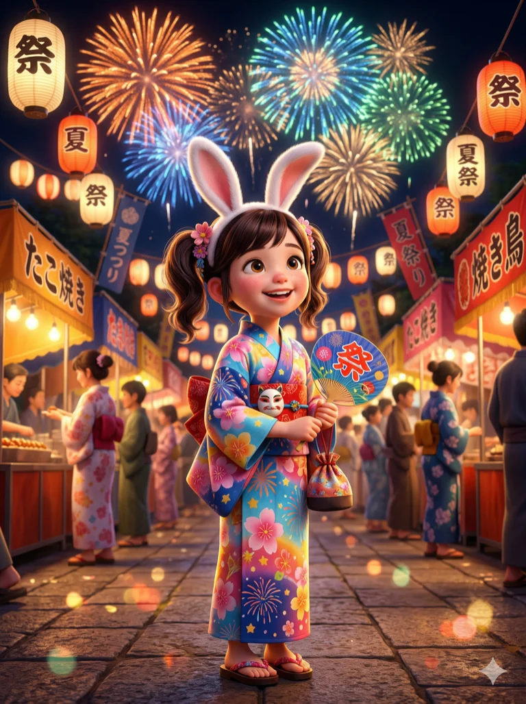 (masterpiece:1.2), best quality, highres, (3D character:1.2), beautiful girl, (rabbit ears:1.1), colorful yukata, night festival fireworks, Pixar style rendering, 2k, ultra detail, 3:4 ratio