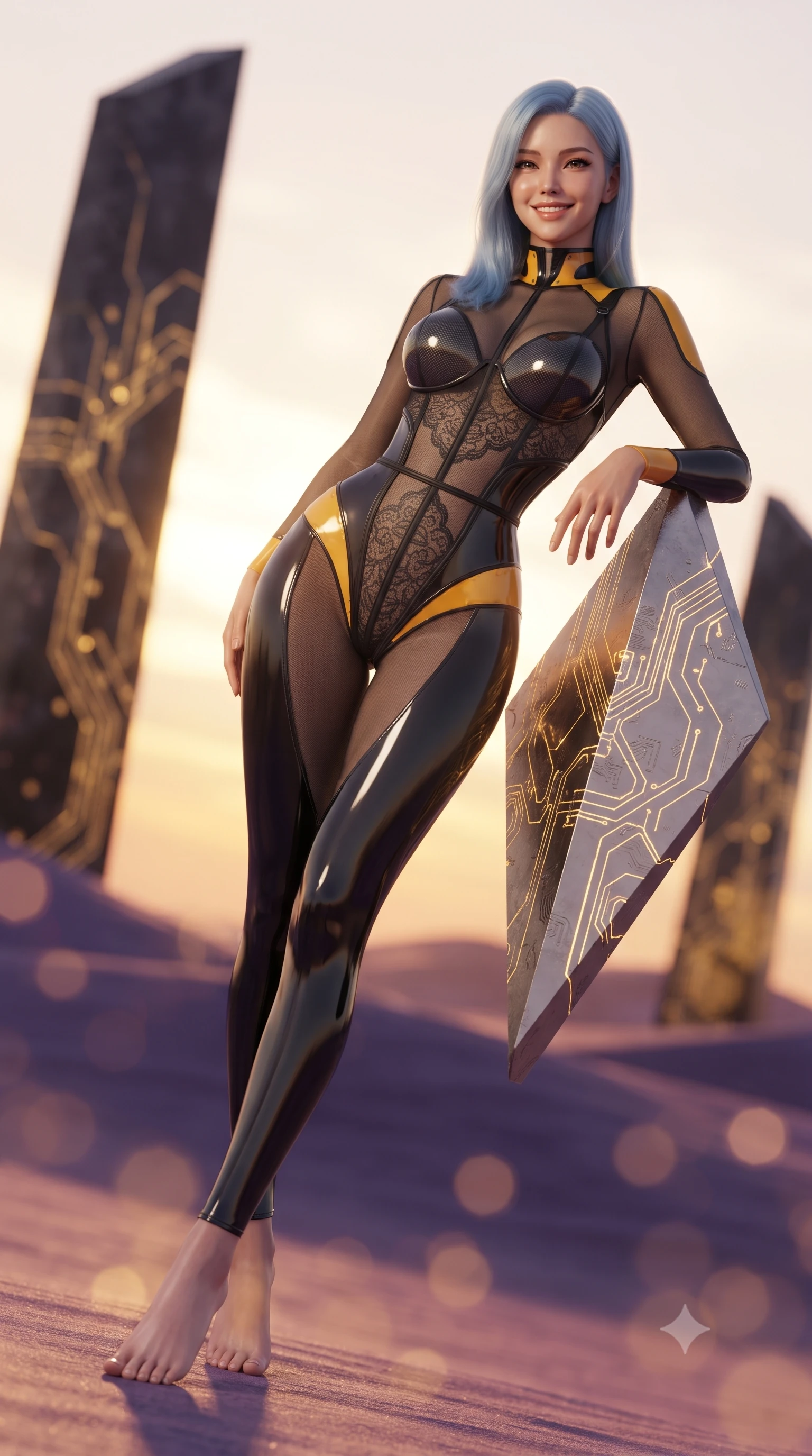 score_9, masterpiece, best quality, ultra-detailed, high-budget anime keyframe, editorial fashion photography, tasteful artistic composition, Korean woman. low angle full-body shot from head to toe showing her feet, filling the entire 9:16 vertical frame with her statuesque presence, stretching her vertical silhouette. leaning deep against the glowing energy conduit with hips cocked back in an unapologetically alluring high-fashion stance, flashing a warm beaming smile while leaning against a floating geometric metal shard with hips cocked back, casting an alluring bedroom-gaze over the twin-sun sunset. The background shows a soft-focus soaring obsidian monoliths with glowing golden circuit etchings and rolling violet sand dunes blurred into copper, amethyst, and gold bokeh. She has an absolutely perfect, statuesque 8.5-heads proportion, an exceptionally tall and slender model-like female figure with impossibly long slender legs, an ultra-slim waist, a flat toned midriff, narrow delicate ribcage, and beautifully sculpted feminine hips creating a graceful, slim hourglass silhouette without any bulky heaviness. sharp v-shaped jawline, high-bridge nose, intricate jewel-like sparkling eyes with depth, thick eyelashes, glossy parted lips with a natural sheen, bright confident smile with an enchanting and coquettish sensual glint, exuding both youthful magnetic charm and sovereign high-tech allure, flawlessly proportioned anatomical accuracy, strict slender model proportions, natural body alignment, perfectly sculpted long slender limbs, ultra-slim waistline, clean dynamic posture without body distortion. wearing a form-contouring semi-opaque dark mesh catsuit with carbon-plated cups and fine lace-pattern panels across her torso in industrial hazard yellow and matte carbon black, tailored from ultra-reflective glossy liquid vinyl with mirror-like specular highlights, finished with delicate carbon-fiber boning framing the narrow waistline, the high-waisted tailoring accentuating her ultra-slim waistline and the enchanting curve of her feminine hips with alluring dark charm. bathed in the warm, dramatic twin-sun sunset light casting long sculptural shadows. ultra-reflective glossy finish, specular highlights, rich textural contrasts, high-contrast stereoscopic depth, volumetric dynamic lighting, 2k, ultra detail, master piece, 9:16 ratio