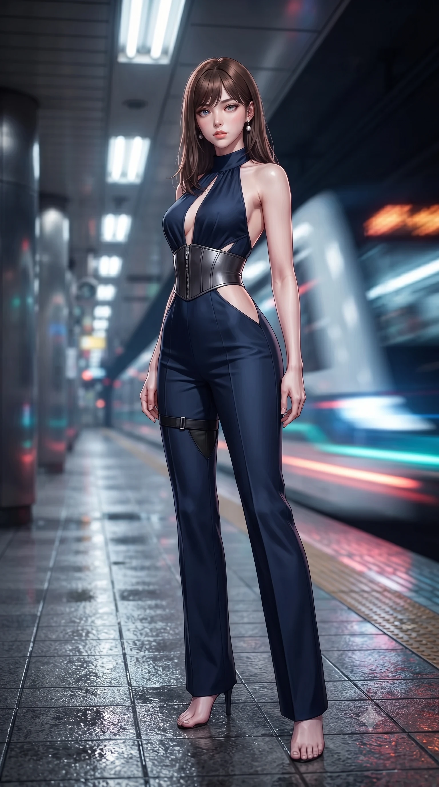 score_9, masterpiece, best quality, ultra-detailed, high-budget anime keyframe, editorial fashion photography, tasteful artistic composition, Korean woman. low angle full-body shot from head to toe showing her feet, filling the entire 9:16 vertical frame with her statuesque presence, stretching her vertical silhouette. standing poised with one hip cocked in an alluring high-fashion pose, her tall 8.5-heads proportions dominating the scene while pivoting sharply on the wet tiled subway platform as an incoming neon-lit maglev train rushes past in a blur of light. The composition keeps background elements in soft focus with creamy bokeh. subway platform columns and flickering fluorescent ceiling fixtures softened in moody shallow focus. She has an absolutely perfect, statuesque 8.5-heads proportion, an exceptionally tall and slender model-like female figure with impossibly long slender legs, a toned flat midriff, and an ultra-slim waist. sharp v-shaped jawline, high-bridge nose, intricate jewel-like eyes with depth, thick eyelashes, glossy lips with a natural sheen, captivating and magnetic expression, flawlessly proportioned anatomical accuracy, strict slender model proportions, natural body alignment, perfectly sculpted long slender limbs, ultra-slim waistline, clean dynamic posture without body distortion. wearing a high-society undercover halter-neck jumpsuit with a tailored deep-V back and integrated tactical waist cincher in deep midnight blue and brushed gunmetal, tailored from fluid silk crepe with inner ballistic reinforcement, accessorized with a sleek concealed garter holster and pearl ear transmitter edition #17, the precision-cut daring openings accentuating her delicate midriff, graceful bare collarbones, and ultra-slim feminine waistline. surrounded by an edgy, electrifying, and irresistibly cool cyber-street idol aura. ultra-reflective glossy finish, specular highlights, rich textural contrasts, high-contrast stereoscopic depth, volumetric dynamic lighting, 2k, ultra detail, master piece, 9:16 ratio