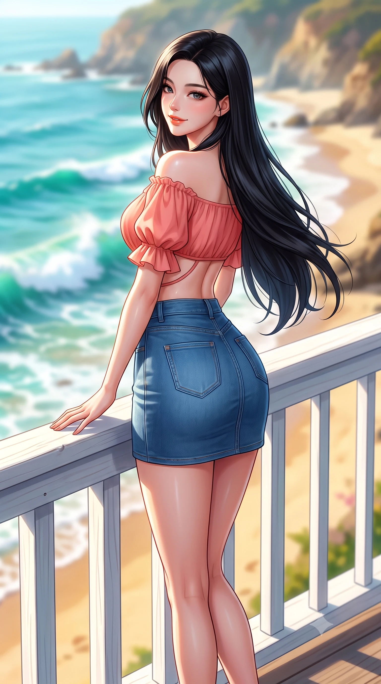 score_9, masterpiece, best quality, ultra-detailed, high-budget anime keyframe, semi-realistic 3D game render, editorial fashion photography, tasteful artistic composition, Korean woman. low angle full-body shot from head to toe showing her feet, filling the entire 9:16 vertical frame with her statuesque presence, stretching her vertical silhouette. posing with back turned slightly to the lens, glancing back with an enchanting, playful smile as she arches her lower back to emphasize her sculpted feminine hips and slender waist while perching on the white timber railing of a beachfront cottage deck, arching her back as turquoise Pacific waves lap gently onto golden sand. The composition keeps background elements in soft focus with dreamy creamy bokeh. crashing Pacific turquoise waves, golden sand beaches, and coastal sea cliffs blurred into radiant aquamarine, gold, and seafoam bokeh. She has an exceptionally tall and slender model-like 8.5-heads proportion, an ultra-slim waist, a flat toned midriff, narrow delicate ribcage, and beautifully sculpted feminine hips creating a graceful, slim hourglass silhouette without any bulky heaviness, with impossibly long slender legs. sharp v-shaped jawline, high-bridge nose, intricate jewel-like sparkling eyes with depth, thick eyelashes, glossy parted lips with a natural peach sheen, bright cheerful beaming smile with an enchanting and coquettish sensual glint, exuding both youthful cute charm and seductive allure, flawlessly proportioned anatomical accuracy, strict slender model proportions, natural body alignment, perfectly sculpted long slender limbs, ultra-slim waistline, clean dynamic posture without body distortion. wearing an off-shoulder puff-sleeve crop blouse with a tight high-waisted denim A-line mini skirt emphasizing her curvy hips in warm coral pink and soft oatmeal beige, tailored from fine lightweight chiffon that flutters gently in the breeze, featuring elegant flutter sleeves and a graceful square neckline, the precision-cut side openings and low-back scoop framing her graceful spine and the sensual sweep of her slim, toned hips. illuminated by intense specular sea foam reflections sharply sculpting her razor-sharp jawline, narrow waist, and curvy hips. highly saturated vibrant anime colors, detailed shading with soft gradients, rich glossy textures, high-contrast stereoscopic depth, volumetric dynamic lighting, master piece, 9:16 ratio