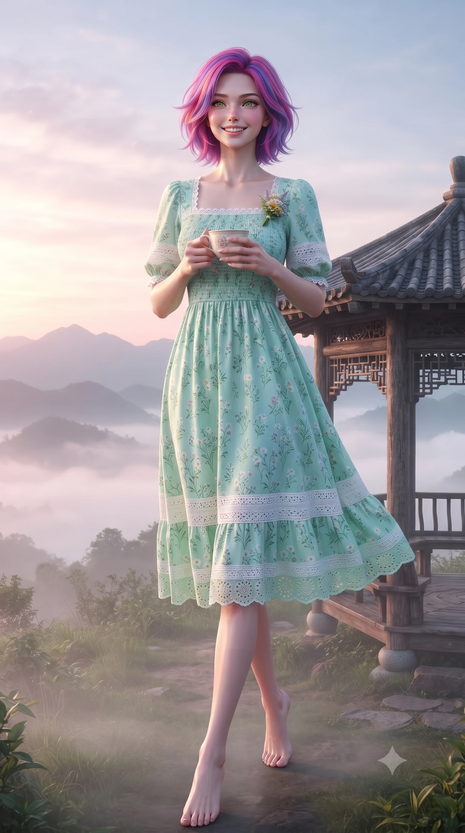 score_9, masterpiece, best quality, ultra-detailed, high-budget anime keyframe, editorial fashion photography, tasteful artistic composition, Caucasian woman. low angle full-body shot from head to toe showing her feet, filling the entire 9:16 vertical frame with her statuesque presence, stretching her vertical silhouette. stepping forward gracefully in mid-motion with a delighted cute laugh, displaying her tall slender model proportions while pausing at a traditional wooden gazebo on a misty ridge, holding a warm porcelain cup with a serene, sweet smile. The surrounding environment is rendered in vivid detail and crisp panoramic clarity. layered mountain silhouettes, rustic wooden gazebo details, and clear dawn skies in panoramic clarity. She has an absolutely perfect, statuesque 8.5-heads proportion, an exceptionally tall and slender model-like female figure with impossibly long slender legs, a toned flat midriff, and an ultra-slim waist. sharp v-shaped jawline, high-bridge nose, intricate jewel-like eyes with depth, thick eyelashes, glossy lips with a natural sheen, pure and lovely fresh girlhood expression, flawlessly proportioned anatomical accuracy, strict slender model proportions, natural body alignment, perfectly sculpted long slender limbs, ultra-slim waistline, clean dynamic posture without body distortion. wearing a sweet square-neck smocked midi dress decorated with delicate wildflower patterns in refreshing mint green and crisp sea-salt white, woven with delicate eyelet lace and breathable cotton voile, complemented by a delicate wildflower corsage pinned to the lapel, the relaxed yet flattering fit accentuating her naturally graceful and slender figure, highlighting her youthful charm and lovely silhouette. bathed in soft pastel pink and golden dawn sunrise light breaking through rolling morning mist. ultra-reflective glossy finish, specular highlights, rich natural textures, high-contrast stereoscopic depth, volumetric dynamic lighting, 2k, ultra detail, master piece, 9:16 ratio