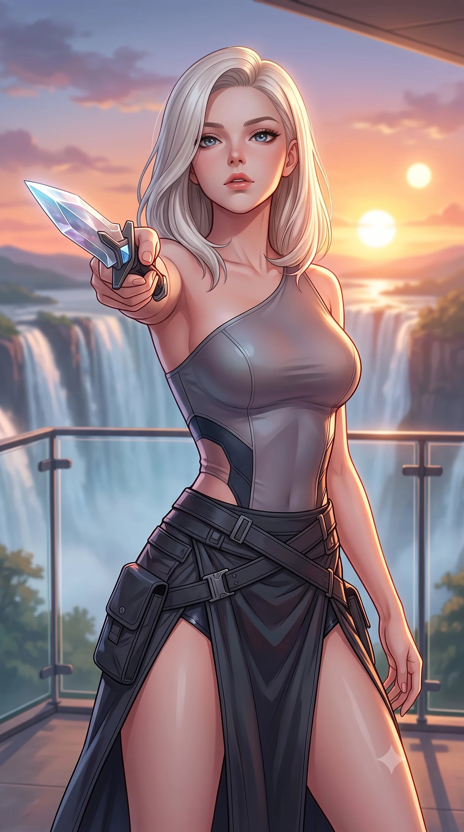 score_9, masterpiece, best quality, ultra-detailed, high-budget anime keyframe, editorial fashion photography, tasteful artistic composition, Caucasian woman. close-up cowboy shot from the waist and thighs up, the character dominates the composition, filling the frame with her large presence, background elements kept in soft focus. pointing a crystal-edged laser dagger forward in a defensive stance, tilting her chin up slightly with lips parted in a composed pose, the background shows a soft-focus a waterfall valley balcony with glass railings facing a binary star sunset. She has an exceptionally elegant, slender, and willowy female figure with an ultra-slim waist, a gracefully sculpted slender torso, and a refined silhouette. sharp v-shaped jawline, high-bridge nose, intricate jewel-like eyes with depth, thick eyelashes, glossy lips with a natural sheen. wearing a body-hugging asymmetric one-shoulder nanotech bodice paired with a daring high-slit tactical utility wrap skirt. warm sunset light casting a peaceful, cozy orange wash on her figure. highly saturated vibrant anime colors, detailed shading with soft gradients, rich glossy textures, high-contrast stereoscopic depth, volumetric dynamic lighting, master piece, 9:16 ratio