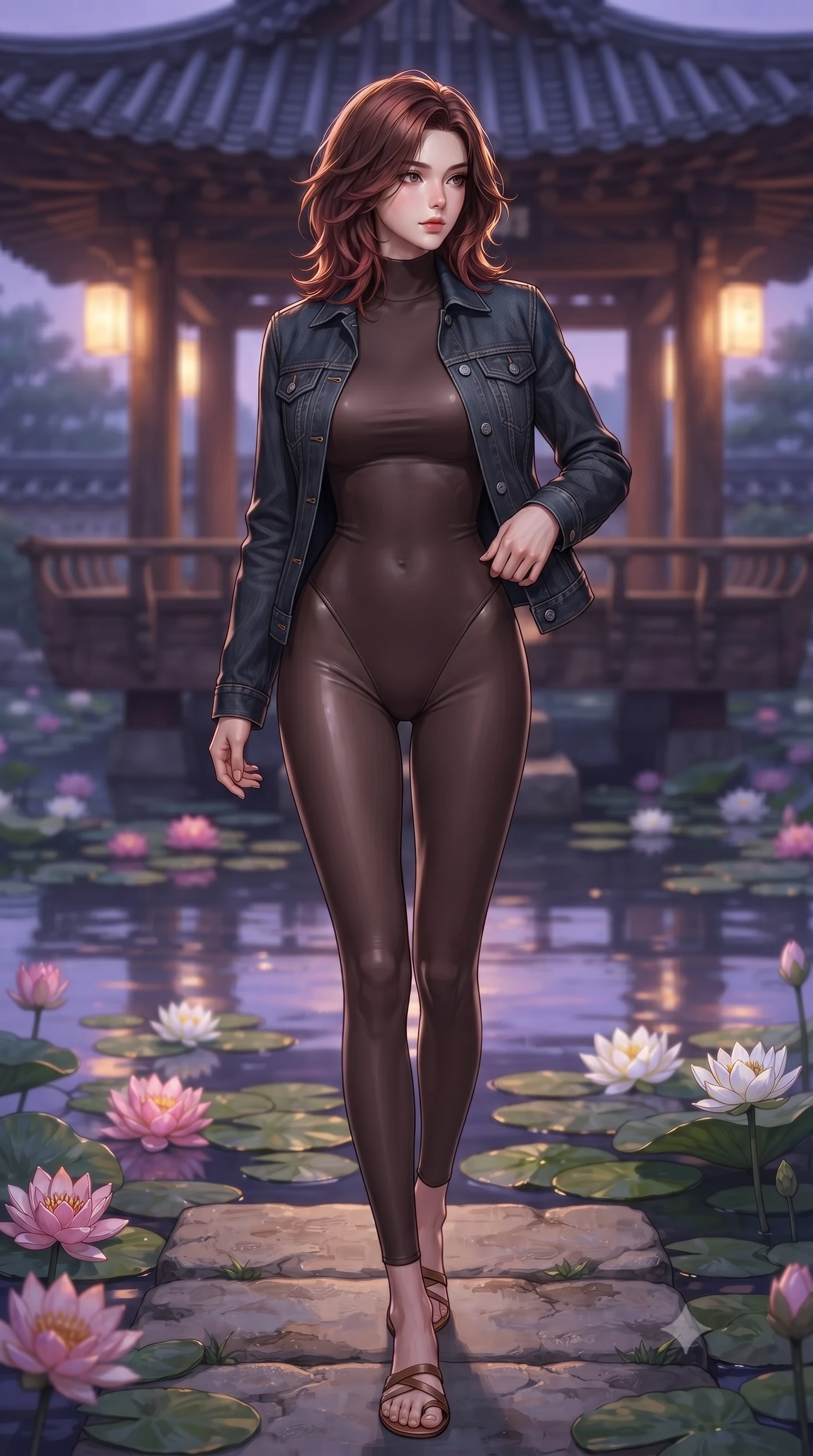 score_9, masterpiece, best quality, ultra-detailed, high-budget anime keyframe, editorial fashion photography, tasteful artistic composition, Korean woman. low angle full-body shot from head to toe showing her feet, filling the entire 9:16 vertical frame with her statuesque presence, stretching her vertical silhouette. stepping gracefully while looking back over her shoulder, her dress draped tightly to reveal her silhouette the background shows a soft-focus an old wooden pavilion overlooking a calm pond filled with blooming water lilies. She has an absolutely perfect, statuesque 8.5-heads proportion, an exceptionally tall and slender model-like female figure with impossibly long slender legs and an ultra-slim waist. sharp v-shaped jawline, high-bridge nose, intricate jewel-like eyes with depth, thick eyelashes, glossy lips with a natural sheen. wearing a slim-fit form-contouring high-neck bodysuit in dark brown, worn under a tailored open denim jacket. the serene purple and blue hues of twilight reflecting on the still water. ultra-reflective glossy finish, specular highlights, metallic sheen, high-contrast stereoscopic depth, volumetric dynamic lighting, 2k, ultra detail, master piece, 9:16 ratio
