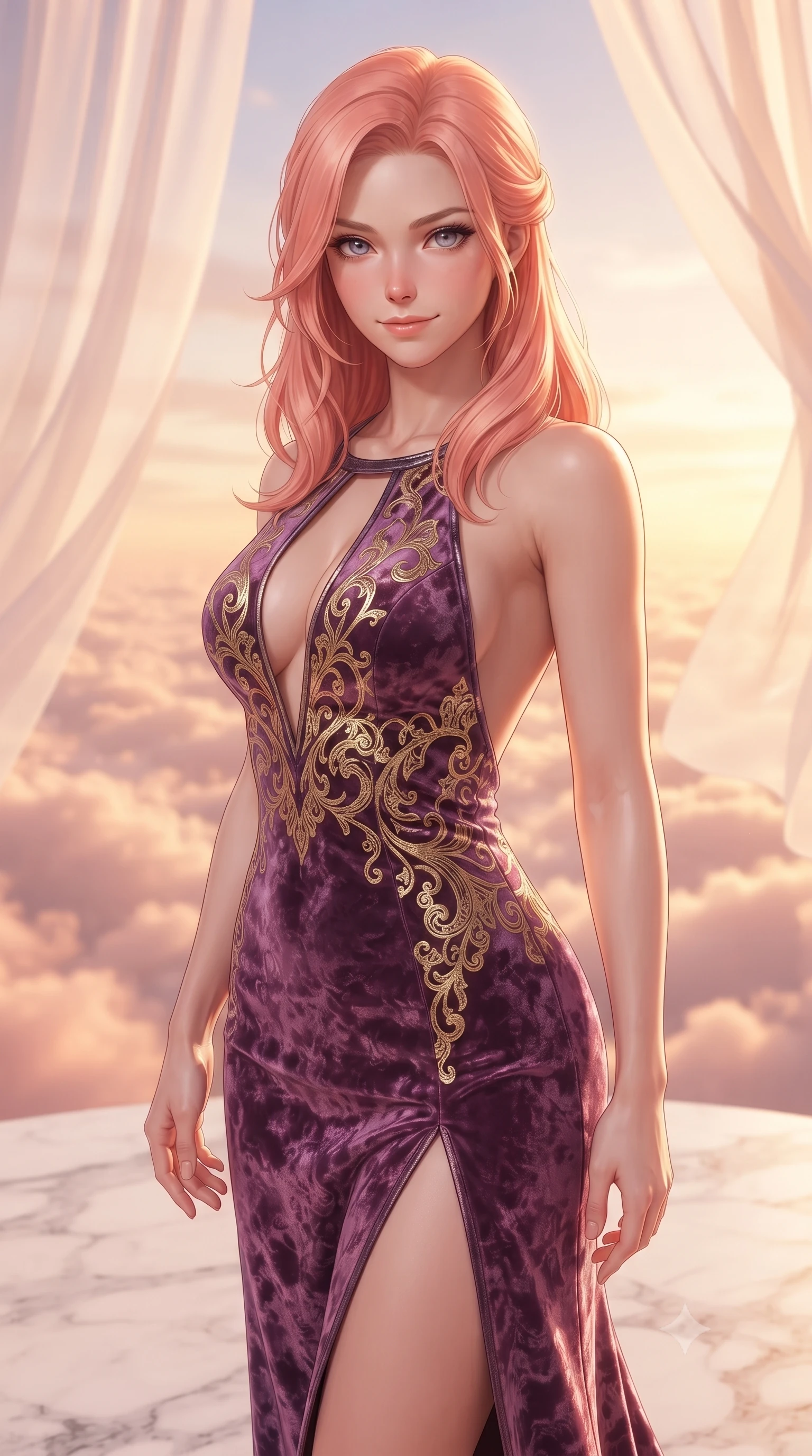 score_9, masterpiece, best quality, ultra-detailed, high-budget anime keyframe, editorial fashion photography, tasteful artistic composition, Japanese woman. close-up cowboy shot from the waist and thighs up, the character dominates the composition, filling the frame with her large presence, background elements kept in soft focus. Smiling with quiet, magnetic self-assurance directly into the lens standing on a floating white marble terrace above a sea of rose-gold clouds, translucent silk curtains drifting lazily in a warm sky breeze. She has an exceptionally elegant, slender, and willowy female figure with an ultra-slim waist, a gracefully sculpted slender torso, and a refined silhouette. sharp v-shaped jawline, high-bridge nose, intricate jewel-like eyes with depth, thick eyelashes, glossy lips with a natural sheen. wearing a backless crushed velvet gown with a deep V-neckline and high thigh slit in plum purple and gold filigree, made of fine carbon-fiber weave and soft matte leather, accented with a Tasteful chest slit framing her clavicle gracefully, the sleek second-skin texture accentuating her magnetic presence. bathed in glorious golden hour sunbeams and warm rose-gold ambient light. highly saturated vibrant anime colors, detailed shading with soft gradients, rich glossy textures, high-contrast stereoscopic depth, volumetric dynamic lighting, master piece, 9:16 ratio
