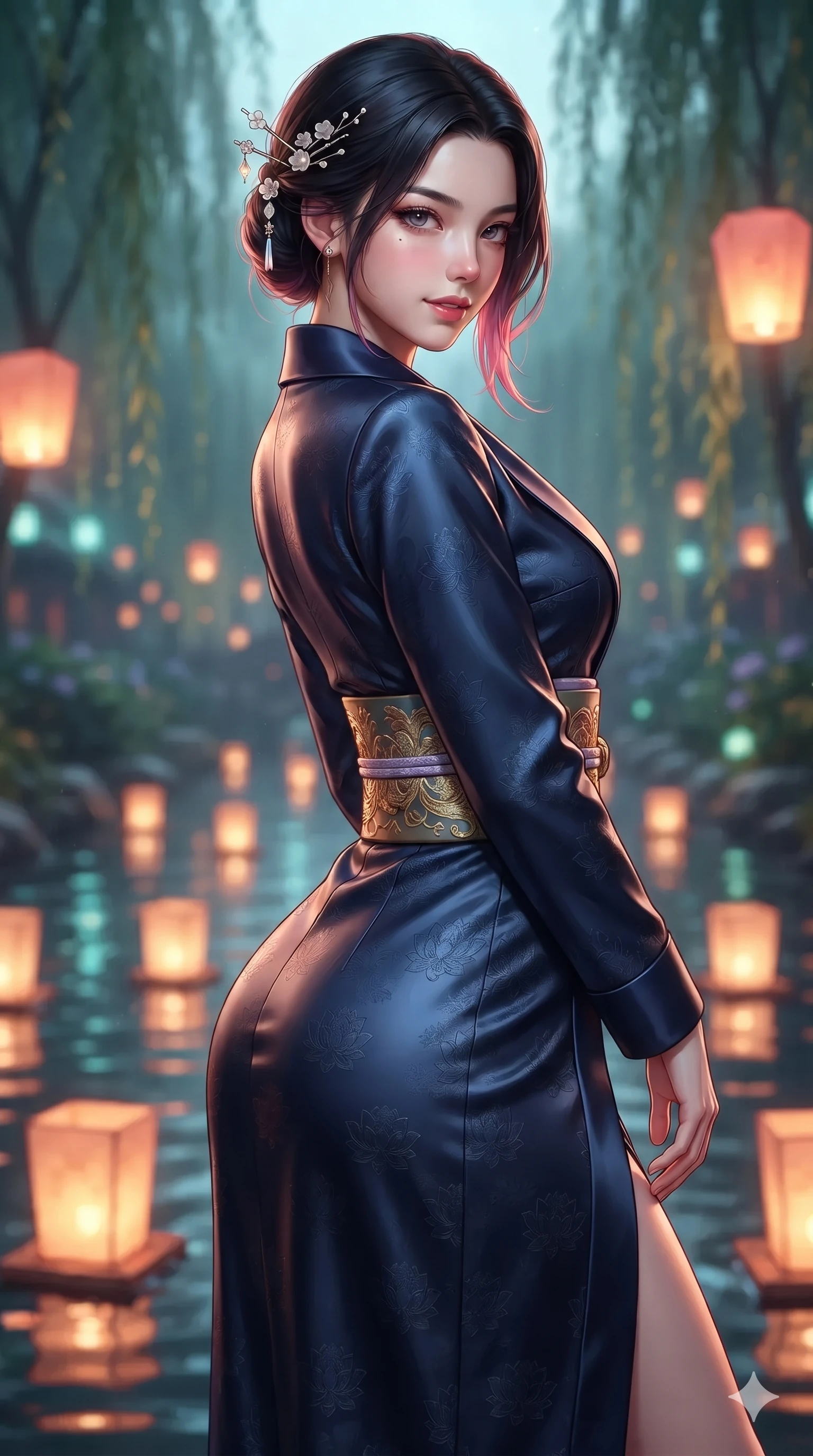 score_9, masterpiece, best quality, ultra-detailed, high-budget anime keyframe, editorial fashion photography, tasteful artistic composition, Korean woman. close-up cowboy shot from the waist and thighs up, the character dominates the composition, filling the frame with her large presence. twisting her slender torso in a deep contrapposto stance, hips dramatically shifted to accentuate her feminine curves while looking past her shoulder with smoldering bedroom-eyes while twisting her slender torso in an alluring contrapposto stance, floating paper lanterns casting warm coral and gold highlights across her curves. The background shows a soft-focus floating paper lantern lights on the stream and weeping willows blurred into coral, gold, and aquamarine bokeh. She has an exceptionally elegant, slender, and willowy female figure with an ultra-slim waist, flat toned midriff, narrow ribcage, and sculpted feminine hips creating an alluring, slim hourglass silhouette without bulk. sharp v-shaped jawline, high-bridge nose, sparkling eyes with hypnotic seductive depth, thick curled eyelashes, glossy parted lips with a natural dewy peach sheen, alluring bedroom-eyes with an enchanting coquettish smile, exuding magnetic siren charisma and sophisticated glamour, flawlessly proportioned anatomical accuracy, strict slender model proportions, natural body alignment, perfectly sculpted long slender limbs, ultra-slim waistline, clean dynamic posture without body distortion. wearing a structured midnight blue silk after-hours durumagi long robe dress with satin lapels and a gold-embroidered obi sash in vintage bronze patina and pale wisteria lilac, tailored from rich silk jacquard with subtle embossed lotus blossom patterns, finished with delicate mother-of-pearl hairpin ornaments glinting in her dark glossy hair, the impeccably tailored cut draping gracefully along her slender figure with aristocratic eastern poise. bathed in radiant celestial moonlight combined with floating candle lantern glows from the stream. ultra-reflective glossy finish, specular highlights, rich textural contrasts, high-contrast stereoscopic depth, volumetric dynamic lighting, 2k, ultra detail, master piece, 9:16 ratio