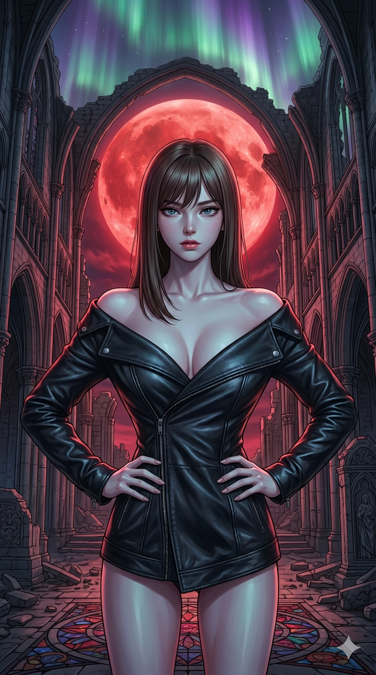 score_9, masterpiece, best quality, ultra-detailed, high-budget anime keyframe, editorial fashion photography, tasteful artistic composition, Korean woman. cowboy shot from the thighs up, character and outfit filling the frame for maximum editorial presence. holding a confident power pose with both hands on her hips, her eyes staring down the viewer with icy coldness standing inside a gothic cathedral ruins under a giant blood-red moon (Scenario Code H-5). She has an absolutely perfect 8-heads proportion, an exceptionally tall and slender female figure with impossibly long slender legs and an ultra-slim waist. V-shaped jawline, high-bridge nose, intricate jewel-like eyes with depth, thick eyelashes, glossy lips with a natural sheen. wearing an asymmetric black leather wrap jacket unzipped deeply to show her bare shoulders and clavicle lines. illuminated by a shifting aurora light from above, casting cold green and violet tones. 2k, ultra detail, master piece, 9:16 ratio