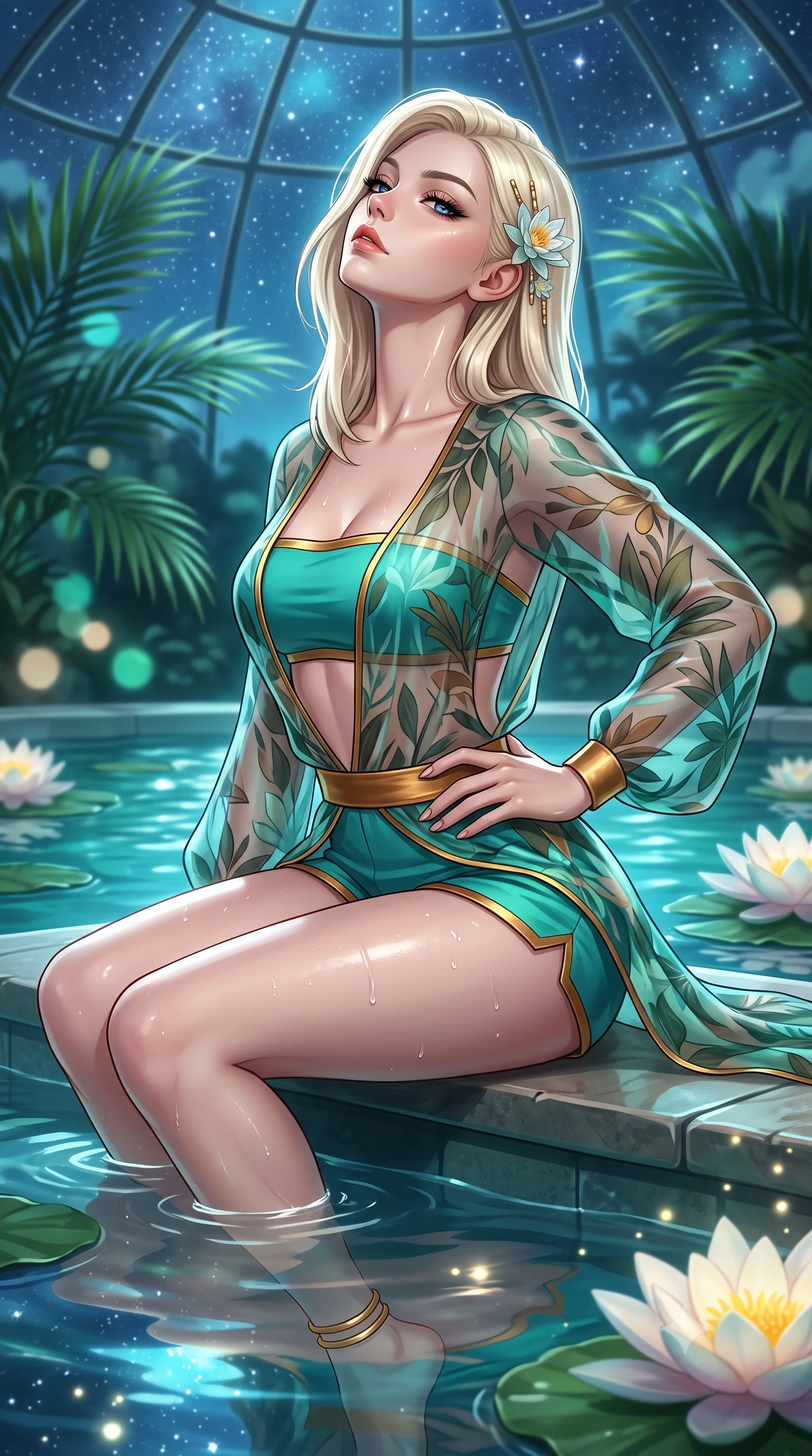 score_9, masterpiece, best quality, ultra-detailed, high-budget anime keyframe, semi-realistic 3D game render, editorial fashion photography, tasteful artistic composition, Caucasian woman. close-up cowboy shot from the waist and thighs up, the character dominates the composition, filling the frame with her large presence. tilting her chin up with proud, sovereign allure while gazing through thick eyelashes, one hand resting on her waist in pure supermodel charisma while resting on a submerged stone bench as warm water laps at her waist, head tilted back toward the starry glass dome with parted lips. The composition keeps background elements in soft focus with creamy bokeh. towering exotic palm fronds and giant floating lily blossoms blurred into deep emerald, turquoise, and soft moonlight bokeh. She has an exceptionally elegant, slender, and willowy female figure with an ultra-slim waist, a gracefully sculpted slender torso, toned flat midriff, and rounded feminine hips creating an alluring hourglass silhouette. sharp v-shaped jawline, high-bridge nose, intricate jewel-like eyes with depth, thick eyelashes, glossy parted lips with a natural sheen, intensely captivating and seductive bedroom-eyes expression, flawlessly proportioned anatomical accuracy, strict slender model proportions, natural body alignment, perfectly sculpted long slender limbs, ultra-slim waistline, clean dynamic posture without body distortion. wearing a sheer chiffon botanical coverup worn over a form-contouring gold-piped bandeau and micro-shorts in aquatic turquoise and molten bronze, tailored from crisp structured cotton poplin with organic botanical dye, accessorized with delicate water-lily hairpins and minimalist gold ankle cuffs, the dramatically scooped open back descending to the base of her spine, accentuating her razor-sharp statuesque lines and curvy hourglass silhouette. illuminated by wet specular highlights accentuating her slender neckline, sculpted waist, and rounded hips. highly saturated vibrant anime colors, detailed shading with soft gradients, rich glossy textures, high-contrast stereoscopic depth, volumetric dynamic lighting, master piece, 9:16 ratio