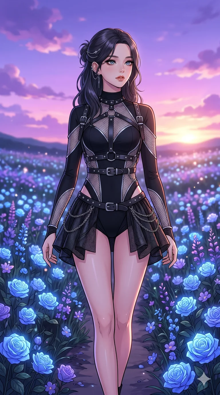 score_9, masterpiece, best quality, ultra-detailed, High-budget Anime Keyframe, beautiful Korean anime girl. Upper body close-up from the thighs up, character filling the screen for maximum presence. Walking through a field of blue roses under a lavender sky at dusk. She has an absolutely perfect 8-heads proportion, an exceptionally tall and slender female figure with impossibly long slender legs and an ultra-slim waist. Sharp v-shaped jawline, high-bridge nose, intricate jewel-like eyes with depth, thick eyelashes, glossy lips with a natural sheen. Wearing a K-Idol Stage outfit: high-cut bodysuit with a leather harness and silver mesh. Background is a bright and colorful meadow with glowing flowers and a vibrant purple sunset. 2k, ultra detail, master piece, 9:16 ratio