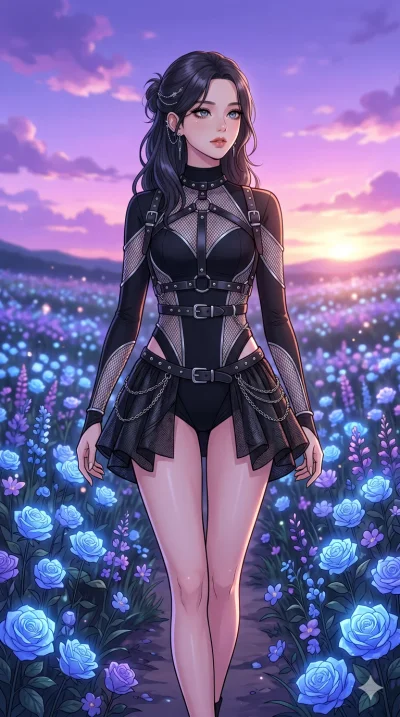score_9, masterpiece, best quality, ultra-detailed, High-budget Anime Keyframe, beautiful Korean anime girl. Upper body close-up from the thighs up, character filling the screen for maximum presence. Walking through a field of blue roses under a lave