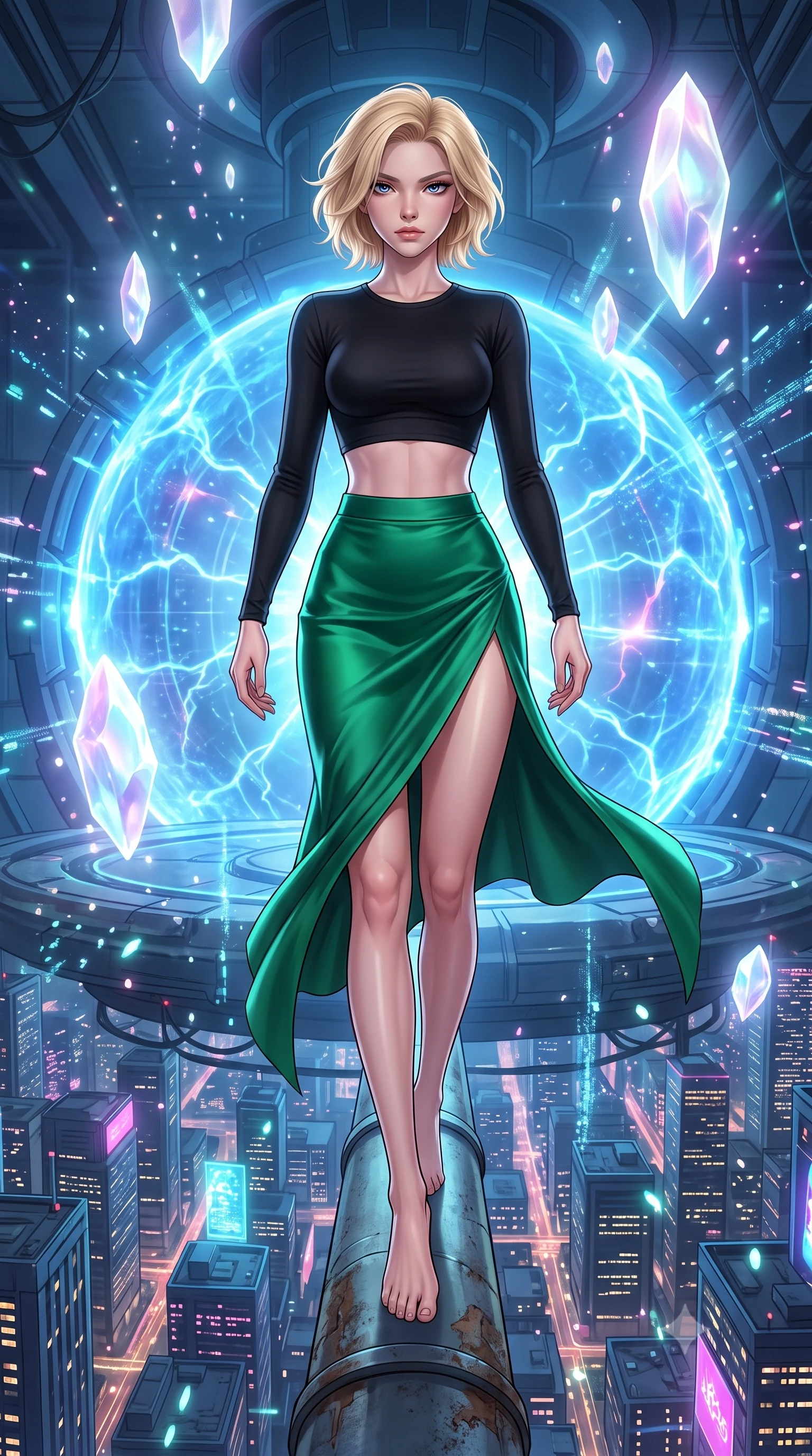 score_9, masterpiece, best quality, ultra-detailed, high-budget anime keyframe, editorial fashion photography, tasteful artistic composition, Caucasian woman, strictly human ears. low angle full-body shot from head to toe showing her feet, filling the entire 9:16 vertical frame with her statuesque presence, stretching her vertical silhouette. dashing forward aggressively along a narrow pipe high above the neon city grid through inside a flagship reactor room, a colossal blue plasma shield generator pulsing with defensive energy barriers. She has a statuesque 8.5-heads proportion, an exceptionally tall, slender and willowy model-like build with impossibly long legs and a highly sculpted ultra-slim waist. sharp v-shaped jawline, high-bridge nose, intricate jewel-like eyes with depth, thick eyelashes, glossy lips with a natural sheen. wearing catching and diffusing the glowing particles, shimmering softly in response to the surrounding light, a form-contouring black long-sleeve crop top paired with a high-waisted silk midi skirt in emerald green with a thigh-high side slit. highly saturated vibrant anime colors, intense vivid color palette, soft 3D volumetric shading, volumetric dynamic lighting, ethereal pearlescent light emanating from floating crystalline formations all around. 2k, ultra detail, master piece, 9:16 ratio