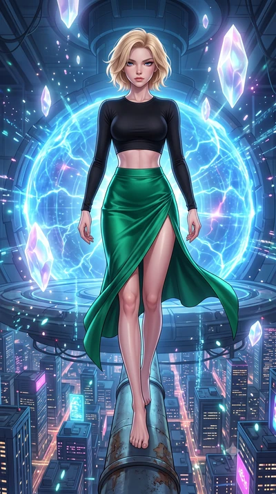 score_9, masterpiece, best quality, ultra-detailed, high-budget anime keyframe, editorial fashion photography, tasteful artistic composition, Caucasian woman, strictly human ears. low angle full-body shot from head to toe showing her feet, filling th