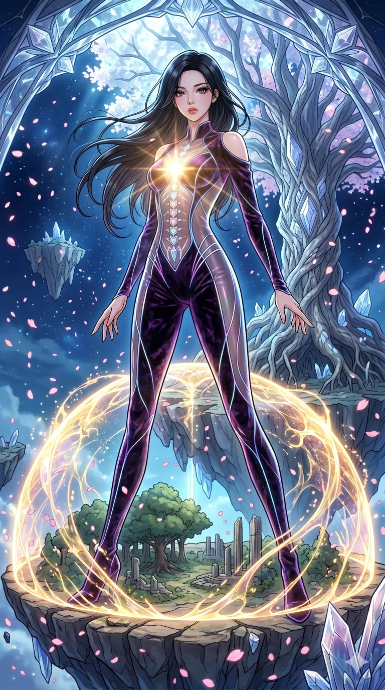 score_9, masterpiece, best quality, ultra-detailed, High-budget Anime Keyframe, vibrant colors, fluid line-art, expressive lighting, cinematic composition, Ufotable-style visual effects, top-tier animation quality, Japanese woman with delicate and elegant anime-inspired features. Low angle cowboy shot filling the entire 9:16 frame with her statuesque presence, looking up to emphasize her height. Protecting a sacred world-tree with her own life-force, a golden shield expanding from her heart to cover the forest. She has an absolutely perfect 8-heads proportion, an exceptionally tall and slender female figure with impossibly long slender legs and an ultra-slim waist, her statuesque height and towering silhouette dominating the vertical 9:16 frame. Her face is a masterpiece featuring a sharp v-shaped jawline, high-bridge nose, intricate jewel-like eyes with depth, thick eyelashes, and glossy lips with a natural sheen. She is wearing a Iridescent sheer catsuit with glowing lines that pulse in sync with her heartbeat crafted from Crushed dark velvet with a deep, rich texture that absorbs light and glows at the edges, boasting shoulder cut-outs and a glowing spinal interface visible through the back. The scene is set in an ancient floating island with pink cherry blossoms falling like snow against a blue sky, illuminated by ethereal moonlight filtering through a crystalline canopy, creating soft highlights. 2k, ultra detail, master piece, 9:16 ratio