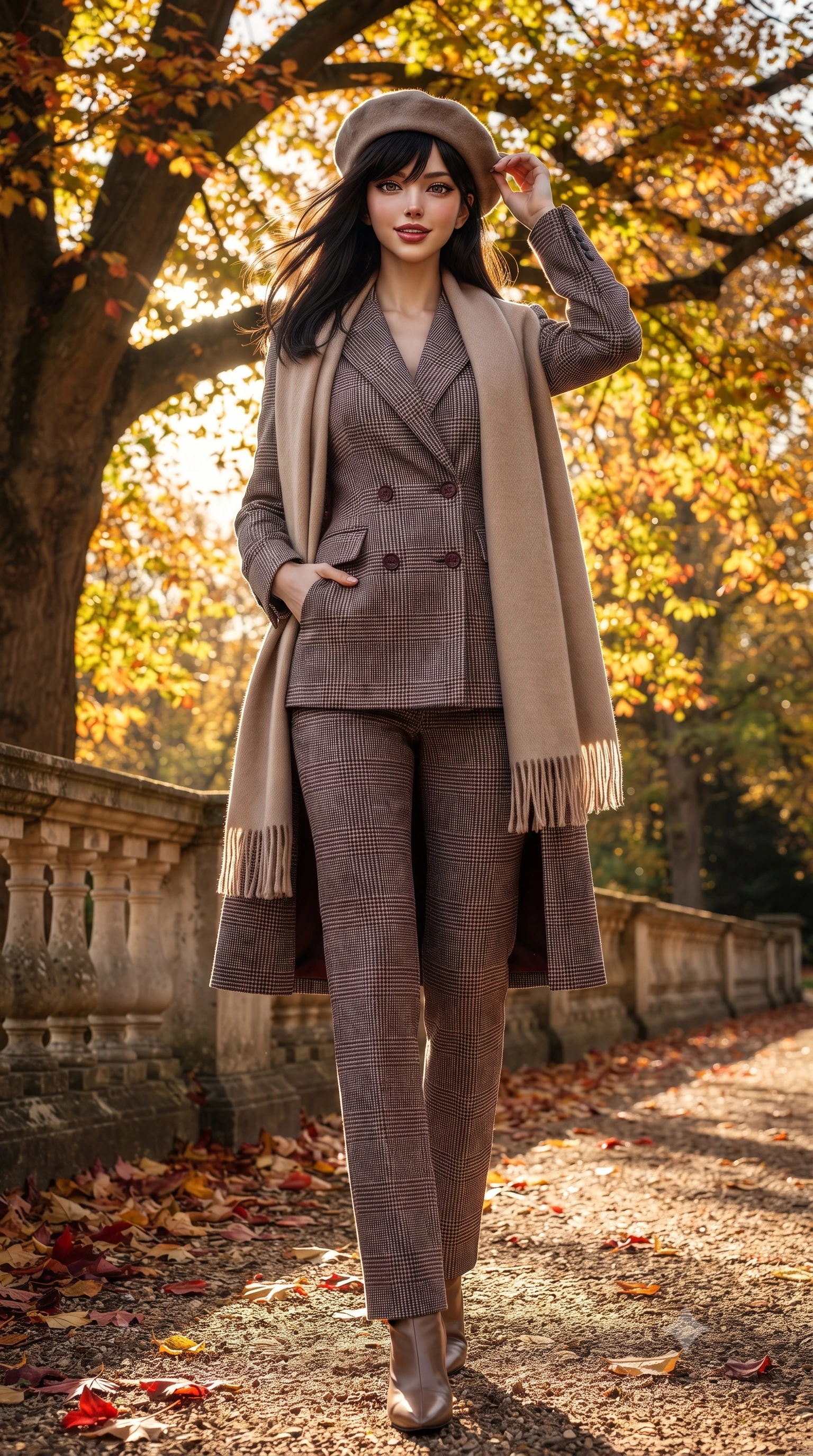 score_9, masterpiece, best quality, ultra-detailed, high-budget anime keyframe, editorial fashion photography, tasteful artistic composition, Caucasian woman. low angle full-body shot from head to toe showing her feet, filling the entire 9:16 vertical frame with her statuesque presence, stretching her vertical silhouette. standing tall and centered in the frame with hands tucked into her coat pockets, radiating statuesque poise and calm warmth while pausing beneath a monumental golden beech tree, one hand lightly holding her wool beret as an autumn breeze sweeps by. The surrounding environment is rendered in vivid detail and crisp panoramic clarity: sharp veining on crisp fallen autumn leaves, weathered limestone bridge baluster textures, and gravel pathway grains in deep focus. She has an exceptionally tall and slender model-like 8.5-heads proportion, an ultra-slim waist, a flat toned midriff, narrow delicate ribcage, and beautifully sculpted feminine hips creating a graceful, slim hourglass silhouette without any bulky heaviness, with impossibly long slender legs. sharp v-shaped jawline, high-bridge nose, intricate jewel-like sparkling eyes with depth, thick eyelashes, glossy parted lips with a natural peach sheen, bright cheerful beaming smile with an enchanting and coquettish sensual glint, exuding both youthful cute charm and seductive allure, flawlessly proportioned anatomical accuracy, strict slender model proportions, natural body alignment, perfectly sculpted long slender limbs, ultra-slim waistline, clean dynamic posture without body distortion. wearing a refined double-breasted wool gabardine pantsuit with clean minimalist tailoring and a concealed placket in classic glen plaid monochrome with subtle wine red accent, tailored from heavyweight double-faced wool with clean architectural edges, accented with a wide brushed cashmere fringe scarf draped elegantly over one shoulder, the streamlined silhouette following her natural slender proportions with sophisticated poise, enhancing her tall willowy presence. bathed in crisp low-angle late-afternoon autumn sunlight filtering through a shimmering golden leaf canopy. ultra-reflective glossy finish, specular highlights, rich textural contrasts, high-contrast stereoscopic depth, volumetric dynamic lighting, 2k, ultra detail, master piece, 9:16 ratio