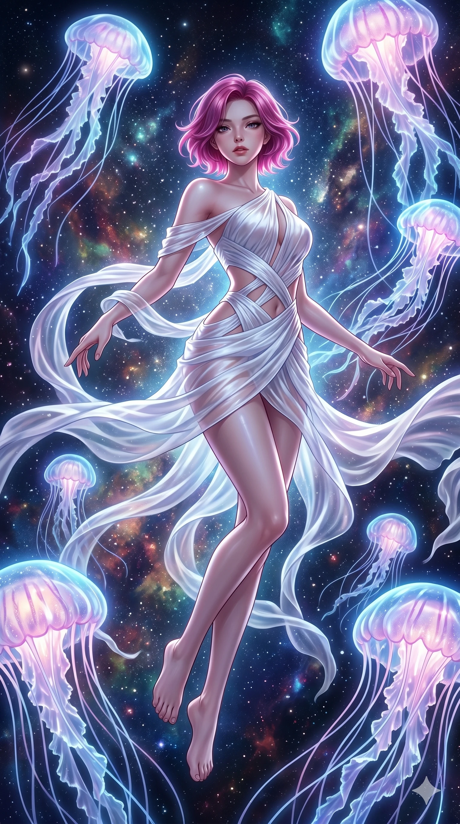 score_9, masterpiece, best quality, ultra-detailed, high-budget anime keyframe, Korean woman. low angle full-body shot filling the entire 9:16 frame with her statuesque presence, stretching the vertical silhouette. swirling gracefully among the glowing ribbon-like tentacles of giant bioluminescent jellyfish floating in a starry sky garden. She has an absolutely perfect 8-heads proportion, an exceptionally tall and slender female figure with impossibly long slender legs and an ultra-slim waist. V-shaped jawline, high-bridge nose, intricate jewel-like eyes with depth, thick eyelashes, glossy lips with a natural sheen.. wearing an asymmetric chiffon draped couture mini dress, featuring draped white chiffon fabric twisting around her body with elegant diamond cutouts on the waist. illuminated by dramatic chiaroscuro casting soft shadows along her curves, with vibrant backlighting highlighting the dust particles. 2k, ultra detail, master piece, 9:16 ratio