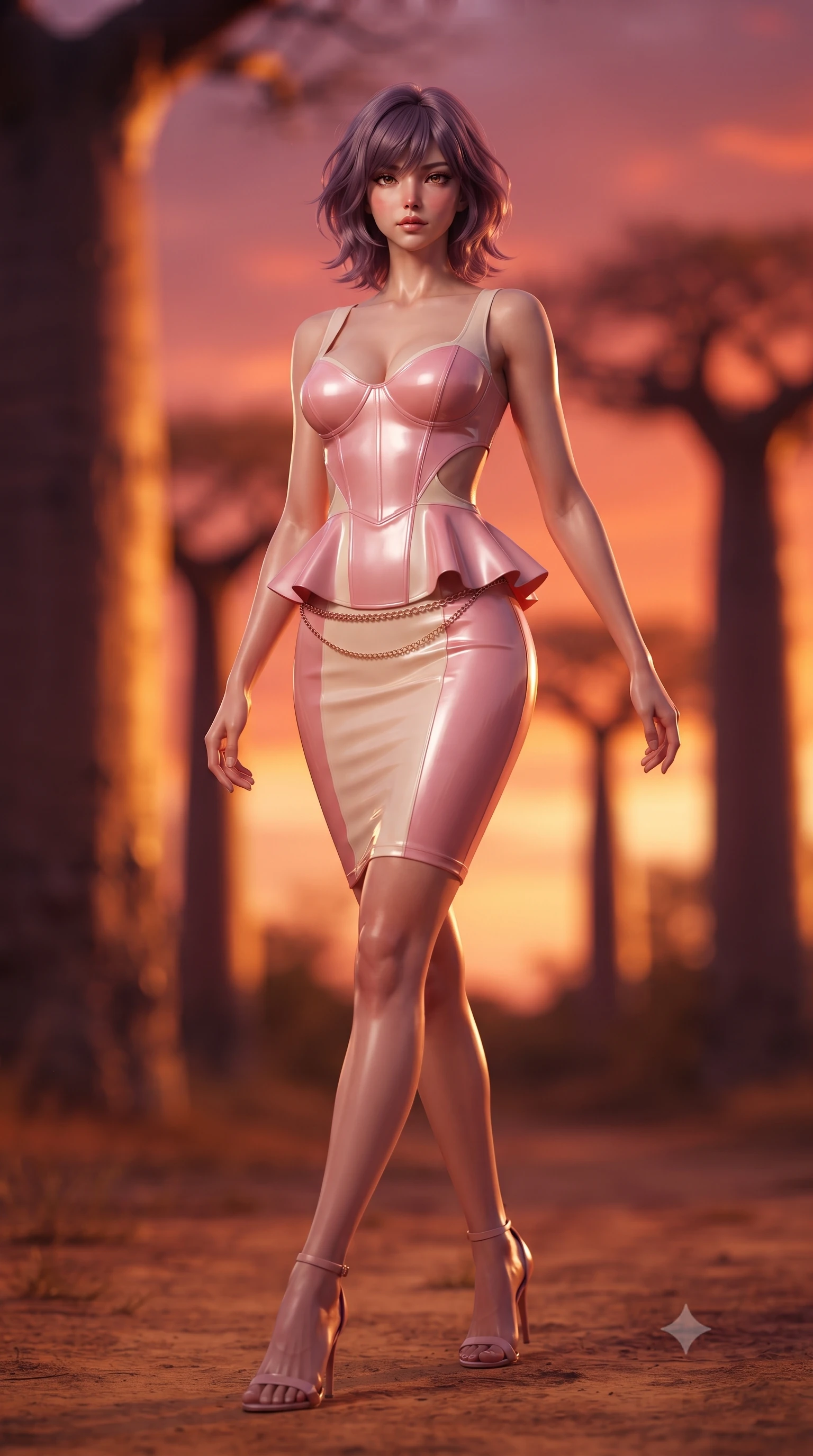 score_9, masterpiece, best quality, ultra-detailed, high-budget anime keyframe, editorial fashion photography, tasteful artistic composition, Japanese woman. low angle full-body shot from head to toe showing her feet, filling the entire 9:16 vertical frame with her statuesque presence, stretching her vertical silhouette. striding forward in a proud supermodel runway stride, hips swaying in an alluring kinetic rhythm that accentuates her curvy hourglass silhouette while standing poised on the sun-baked earth, twisting her slender torso in an alluring S-curve as evening trade winds flutter her sheer safari gown. The composition keeps background elements in soft focus with creamy bokeh. colossal prehistoric baobab tree trunks and burning crimson-orange sky blurred into molten amber, terracotta, and deep violet bokeh. She has an exceptionally tall and slender model-like 8.5-heads proportion, an ultra-slim waist, a flat toned midriff, narrow delicate ribcage, and beautifully sculpted feminine hips creating a graceful, slim hourglass silhouette without any bulky heaviness, with impossibly long slender legs. sharp v-shaped jawline, high-bridge nose, intricate jewel-like eyes with depth, thick eyelashes, glossy parted lips with a natural sheen, intensely captivating and seductive bedroom-eyes expression, flawlessly proportioned anatomical accuracy, strict slender model proportions, natural body alignment, perfectly sculpted long slender limbs, ultra-slim waistline, clean dynamic posture without body distortion. wearing a modern peplum corset dress with side-waist diamond cutouts and an ultra-tight silhouette in sakura blossom pink and warm ivory, tailored from second-skin aerodynamic stretch vinyl with specular wet sheen, accented with a delicate gold chain belt resting loosely on her curvy hips, the liquid-tight tailored fabric clinging flawlessly to her narrow waist and rounded feminine hips, emphasizing every millimeter of her sculpted slim hourglass curves without any bulky heaviness. bathed in breathtaking African sunset backlighting in rich shades of fire-orange and deep magenta. ultra-reflective glossy finish, specular highlights, rich textural contrasts, high-contrast stereoscopic depth, volumetric dynamic lighting, 2k, ultra detail, master piece, 9:16 ratio