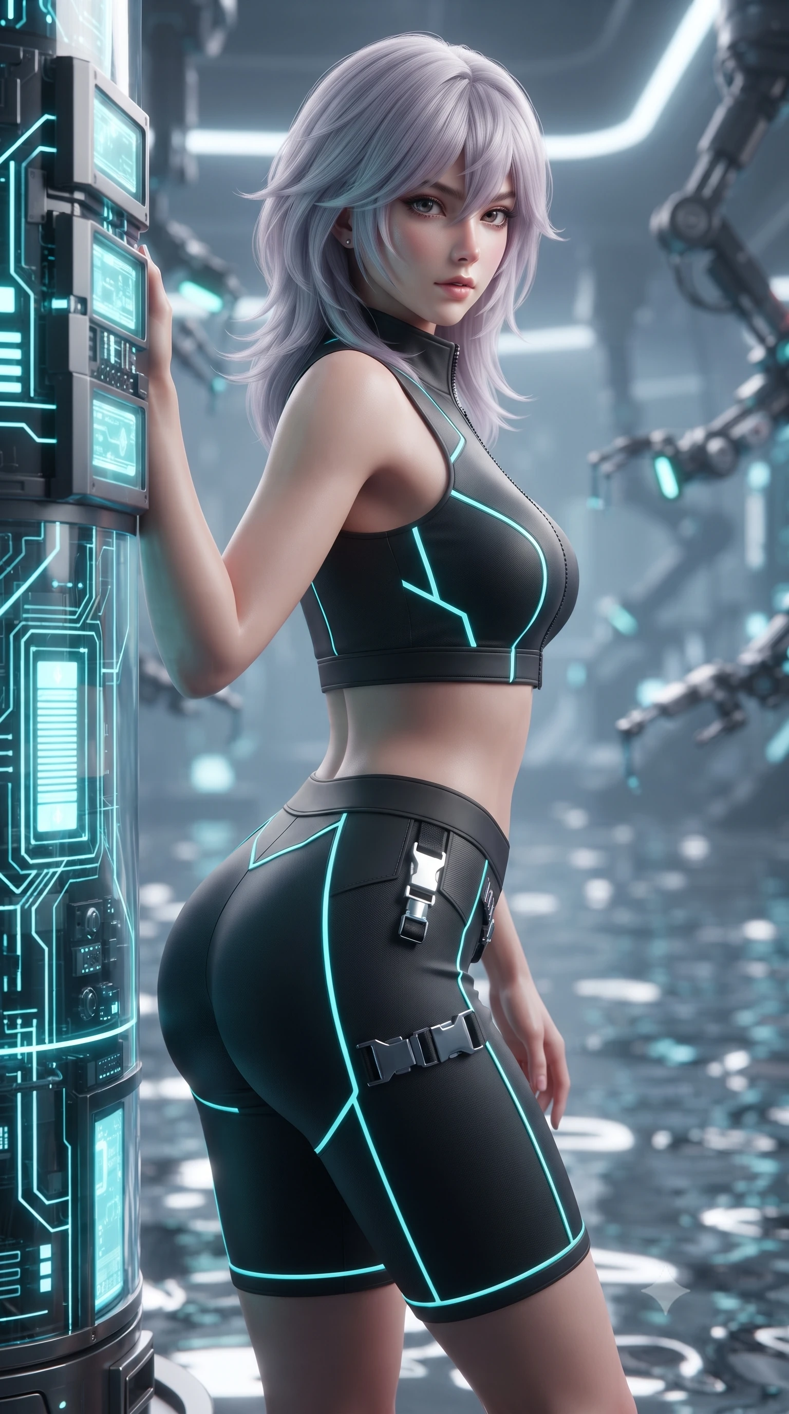 score_9, masterpiece, best quality, ultra-detailed, high-budget anime keyframe, editorial fashion photography, tasteful artistic composition, Japanese woman. close-up cowboy shot from the waist and thighs up, the character dominates the composition, filling the frame with her large presence. posing in an alluring rear three-quarter angle, turning over a bare shoulder with an intoxicating gaze, her hips cocked back to highlight her slim hourglass curve against the glowing reactor while leaning against an illuminated molecular assembler column with hips cocked back, looking over her shoulder with an alluring, dangerous gaze. The background shows a soft-focus hovering molecular printer arms and magnetic field emitters softened in high-tech foundry shallow focus. She has an exceptionally elegant, slender, and willowy female figure with an ultra-slim waist, flat toned midriff, narrow ribcage, and sculpted feminine hips creating an alluring, slim hourglass silhouette without bulk. sharp v-shaped jawline, high-bridge nose, intricate jewel-like sparkling eyes with depth, thick eyelashes, glossy parted lips with a natural sheen, bright confident smile with an enchanting and coquettish sensual glint, exuding both youthful magnetic charm and sovereign high-tech allure, flawlessly proportioned anatomical accuracy, strict slender model proportions, natural body alignment, perfectly sculpted long slender limbs, ultra-slim waistline, clean dynamic posture without body distortion. wearing a sleek two-piece combat athletic set with a zip-front mock-neck crop top and contouring biker shorts hugging her curvy hips in matte obsidian black and glowing neon cyan trim, crafted from lightweight aerodynamic matte carbon-fiber weave with structural stiffness, finished with polished chrome buckle hardware and modular magnetic holster clasps, the form-fitting tactical tailoring adhering flawlessly to her sculpted flat midriff and slender torso, emphasizing her long leg lines and perfectly proportioned willowy build. bathed in the blinding mirror-like sheen and specular reflections of liquid mercury pools. ultra-reflective glossy finish, specular highlights, rich textural contrasts, high-contrast stereoscopic depth, volumetric dynamic lighting, 2k, ultra detail, master piece, 9:16 ratio