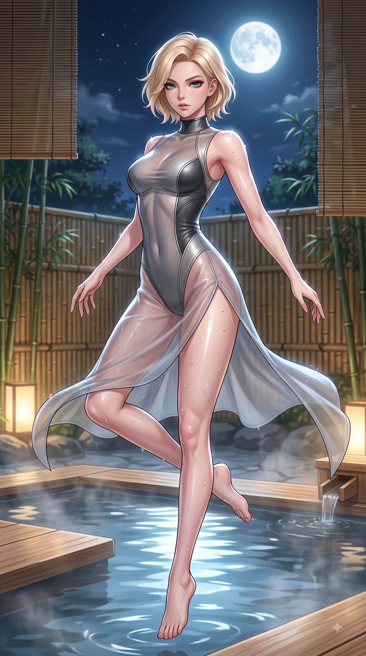 score_9, masterpiece, best quality, ultra-detailed, high-budget anime keyframe, editorial fashion photography, tasteful artistic composition, Caucasian woman. low angle full-body shot from head to toe showing her feet, filling the entire 9:16 vertical frame with her statuesque presence, stretching her vertical silhouette. performing an athletic mid-air rotation with flawless poise, her vertical silhouette beautifully stretched while lounging on a smooth hinoki wood platform in a moonlit hot spring surrounded by bamboo screens, water droplets glistening on her skin and clothing with brilliant specular highlights. She has an absolutely perfect, statuesque 8.5-heads proportion, an exceptionally tall and slender model-like female figure with impossibly long slender legs and an ultra-slim waist. sharp v-shaped jawline, high-bridge nose, intricate jewel-like eyes with depth, thick eyelashes, glossy lips with a natural sheen, flawlessly proportioned anatomical accuracy, natural body alignment, perfectly sculpted elegant limbs, clean dynamic posture without body distortion. wearing a semi-opaque sheer overlay dress over a leather micro-bodysuit in charcoal grey and platinum, woven from fine semi-opaque sheer organza, finished with a sleek side slit ascending to mid-thigh, the form-contouring material highlighting her ultra-slim waist and long lines. surrounded by a tranquil, spa-like aura with bright specular rim lights. highly saturated vibrant anime colors, detailed shading with soft gradients, rich glossy textures, high-contrast stereoscopic depth, volumetric dynamic lighting, master piece, 9:16 ratio