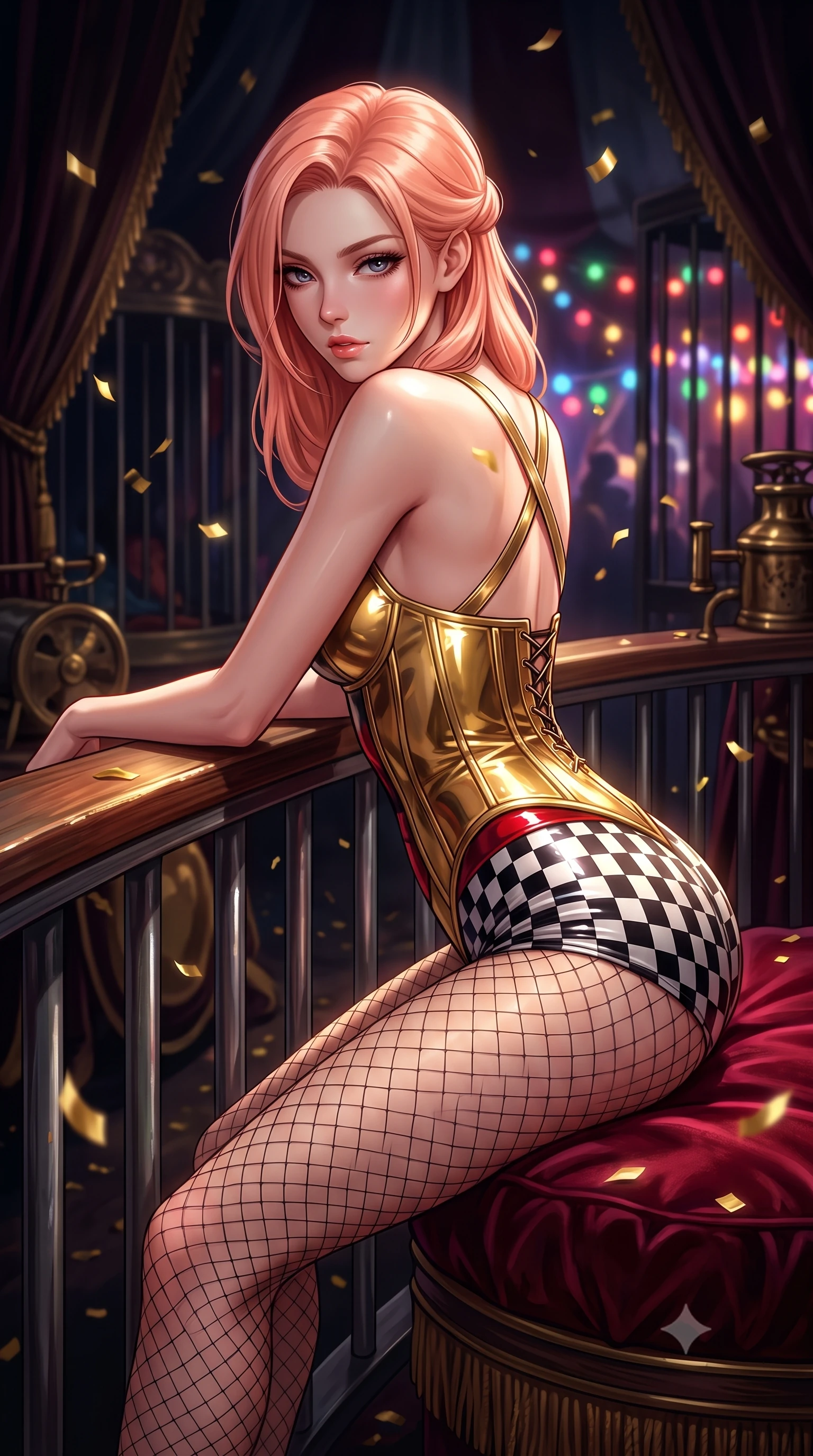 score_9, masterpiece, best quality, ultra-detailed, high-budget anime keyframe, semi-realistic 3D game render, editorial fashion photography, tasteful artistic composition, Japanese woman. close-up cowboy shot from the waist and thighs up, the character dominates the composition, filling the frame with her large presence. leaning forward against the polished railing with her hips cocked back, creating an intoxicating curve from her narrow waist to sculpted hips as she gazes back into the lens while reclining languidly on a velvet ring cushion inside the dark circus tent, spine arched in an alluring S-curve as gold confetti flutters around her. The surrounding environment is rendered in vivid detail and crisp panoramic clarity. intense theatrical chiaroscuro and decadent dark carnival aesthetics rendered with precision. She has an exceptionally elegant, slender, and willowy female figure with an ultra-slim waist, a gracefully sculpted slender torso, toned flat midriff, and rounded feminine hips creating an alluring hourglass silhouette. sharp v-shaped jawline, high-bridge nose, intricate jewel-like eyes with depth, thick eyelashes, glossy parted lips with a natural sheen, intensely captivating and seductive bedroom-eyes expression, flawlessly proportioned anatomical accuracy, strict slender model proportions, natural body alignment, perfectly sculpted long slender limbs, ultra-slim waistline, clean dynamic posture without body distortion. wearing a sculptured metallic gold corseted leotard with crossed back harness straps and boy-short leg cut in high-contrast black and crisp white checkerboard with red accents, tailored from second-skin aerodynamic stretch vinyl with specular sheen, finished with sheer fishnet tights accentuating her long slender legs, the liquid-tight tailored fabric clinging flawlessly to her narrow waist and rounded feminine hips, emphasizing every millimeter of her sculpted hourglass curves during movement. surrounded by an eccentric, spellbinding, and dangerously seductive circus queen aura. highly saturated vibrant anime colors, detailed shading with soft gradients, rich glossy textures, high-contrast stereoscopic depth, volumetric dynamic lighting, master piece, 9:16 ratio