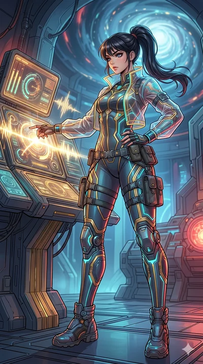 score_9, masterpiece, best quality, ultra-detailed, high-budget anime movie keyframe, cinematic anime lighting, intricate line art, Caucasian (strictly human ears) woman. Low angle cowboy shot capturing a powerful motion and statuesque presence. adju