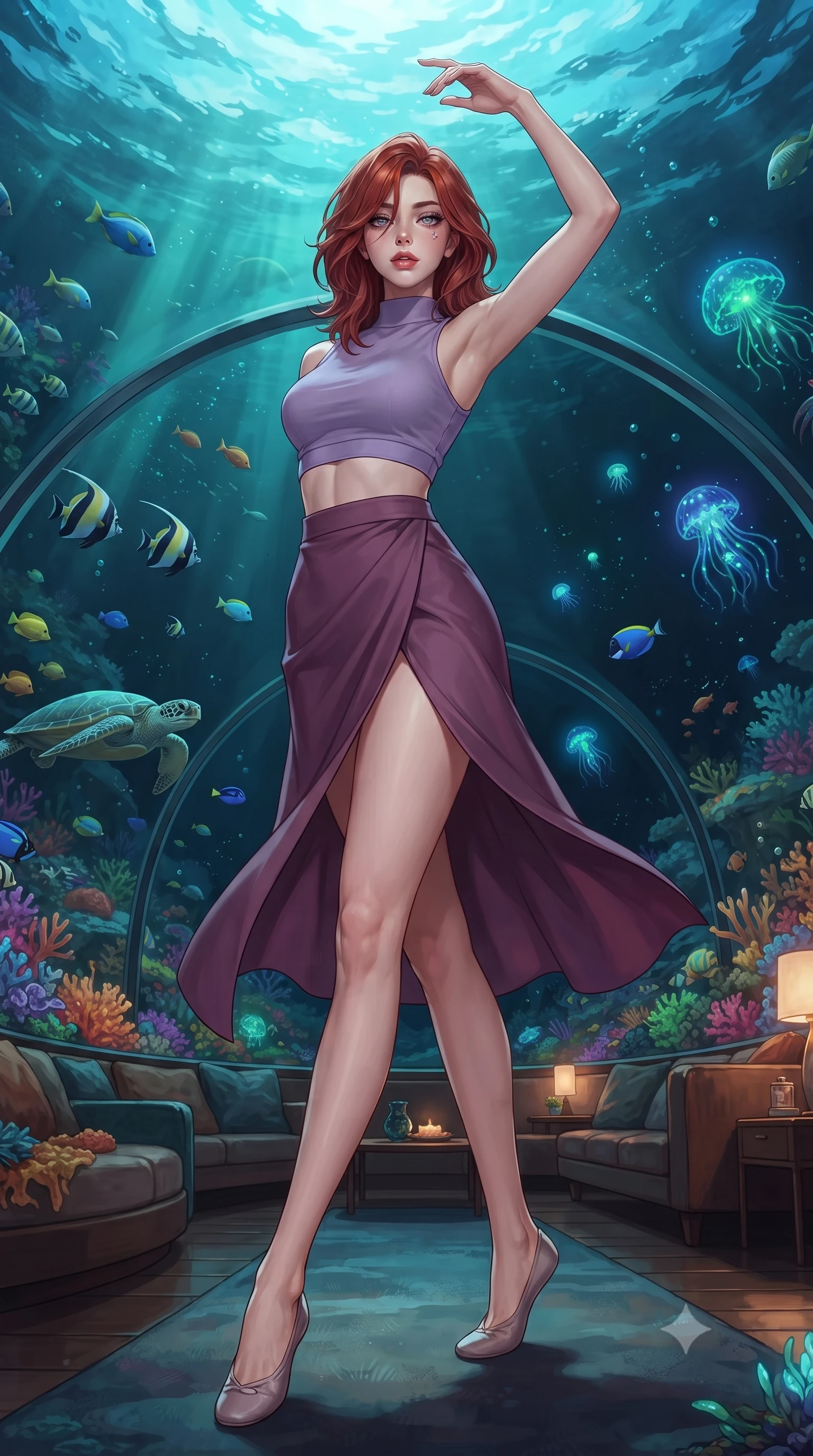 score_9, masterpiece, best quality, ultra-detailed, high-budget anime keyframe, editorial fashion photography, tasteful artistic composition, Korean woman. low angle full-body shot from head to toe showing her feet, filling the entire 9:16 vertical frame with her statuesque presence, stretching her vertical silhouette. twirling with balletic elegance inside inside a transparent dome lounge resting on the ocean floor with colorful coral reef gardens surrounding it tropical fish and sea turtles gliding past the curved glass walls and bioluminescent creatures pulsing in the deep. She has a statuesque 8.5-heads proportion, an exceptionally tall, slender and willowy model-like build with impossibly long legs and a highly sculpted ultra-slim waist. sharp v-shaped jawline, high-bridge nose, intricate jewel-like eyes with depth, thick eyelashes, glossy lips with a natural sheen. wearing a high-neck crop top in lavender, paired with a matching high-waisted wrap skirt in plum with a front slit. filtered blue-green ocean light from above with bioluminescent creatures providing accent glows in blue and green and warm interior lounge lighting creating an intimate contrast. 2k, ultra detail, master piece, 9:16 ratio