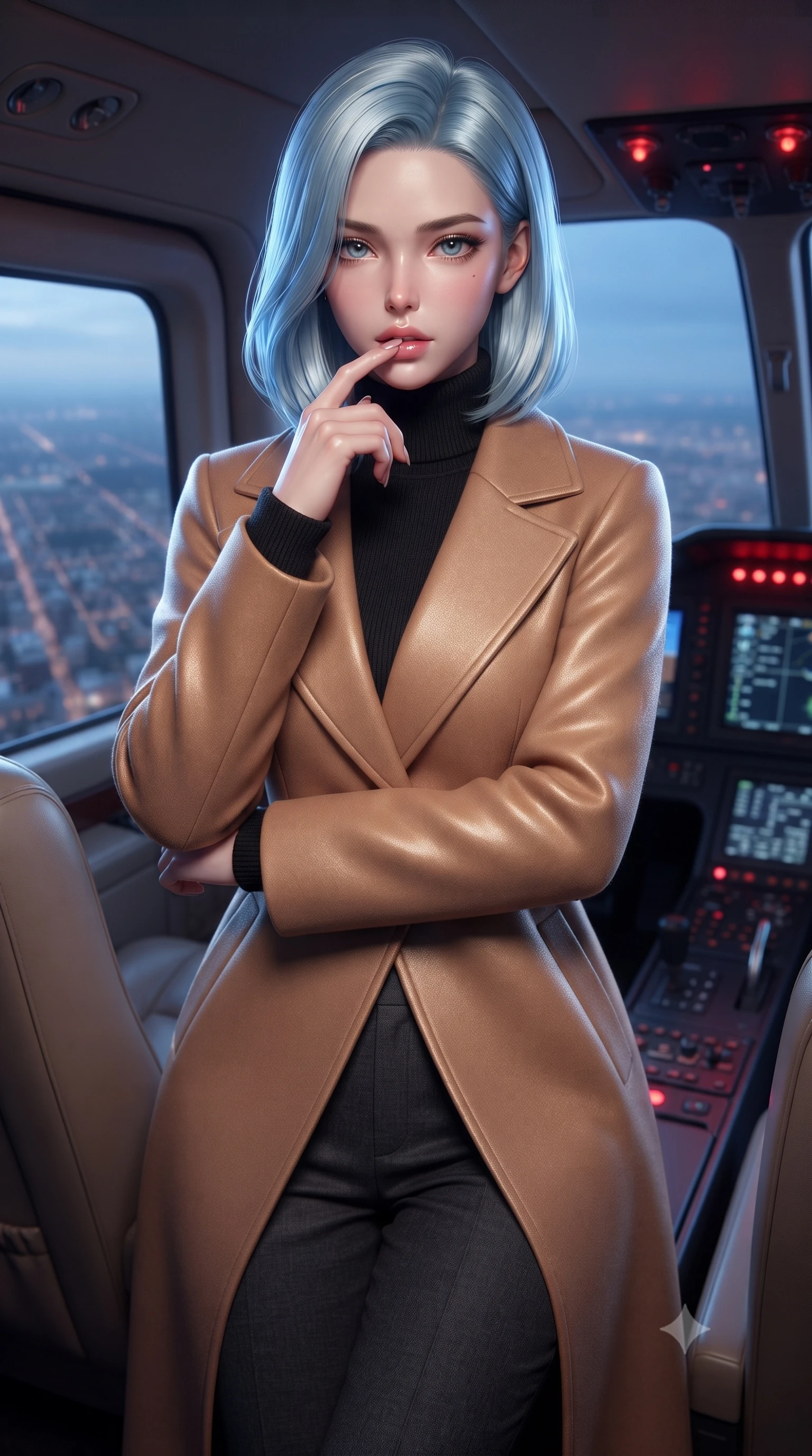 score_9, masterpiece, best quality, ultra-detailed, high-budget anime keyframe, editorial fashion photography, tasteful artistic composition, Korean woman. close-up cowboy shot from the waist and thighs up, the character dominates the composition, filling the frame with her large presence, background elements kept in soft focus. pressing one finger to her bottom lip in a thoughtful, seductive gesture under the warm sun the background shows a soft-focus the leather seat cabin of a private helicopter looking at the city grid below. She has an exceptionally elegant, slender, and willowy female figure with an ultra-slim waist, a gracefully sculpted slender torso, and a refined silhouette. sharp v-shaped jawline, high-bridge nose, intricate jewel-like eyes with depth, thick eyelashes, glossy lips with a natural sheen. wearing a form-contouring warm camel-colored wrap coat over a black turtleneck sweater and charcoal slacks. cool blue twilight key light contrasting with the warm red dashboard indicator lights. ultra-reflective glossy finish, specular highlights, metallic sheen, high-contrast stereoscopic depth, volumetric dynamic lighting, 2k, ultra detail, master piece, 9:16 ratio