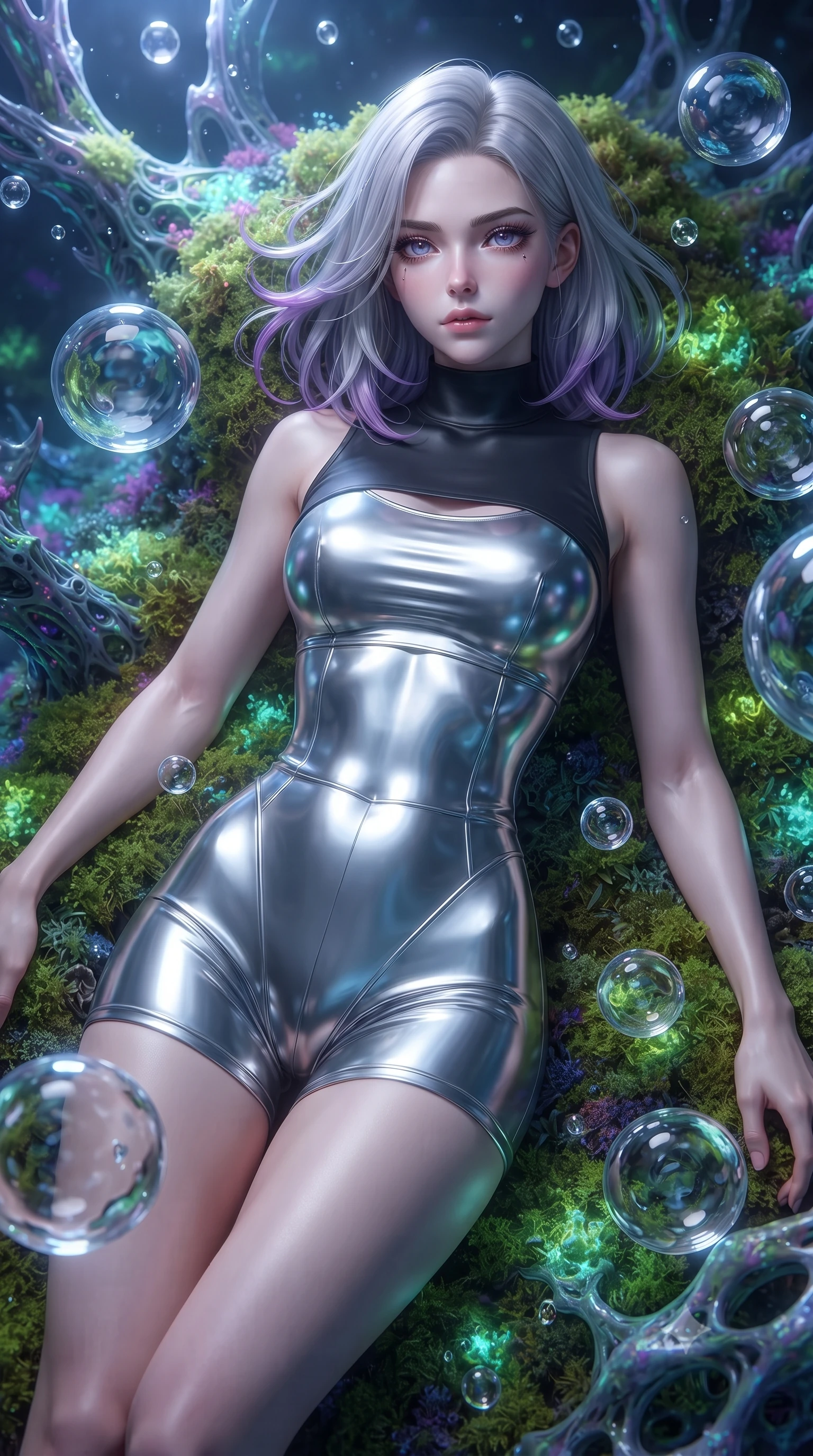 score_9, masterpiece, best quality, ultra-detailed, High-budget Anime Keyframe, editorial fashion photography, tasteful artistic composition, realistic cosplay photography, Caucasian woman, strictly human ears. Low angle cowboy shot filling the entire 9:16 frame with her statuesque presence. Scenario 467: lying gracefully on a bed of bioluminescent moss inside a zero-gravity sanctuary filled with floating water spheres. Her presence is magnetic and overpowering in this high-budget cinematic scene. Outfit 467: a form-contouring liquid silver liquid silk bodysuit worn over an opaque crop top and high-waisted shorts. The clothing is designed to emphasize her exceptionally tall and slender 8-heads proportion. 8-heads proportion, towering silhouette, ultra-slim waist. sharp v-shaped jawline, intricate jewel-like eyes with depth, thick eyelashes, glossy lips. ultra-reflective glossy finish, specular highlights, metallic sheen, high-contrast stereoscopic depth, volumetric dynamic lighting, 2k, ultra detail, master piece, 9:16 ratio