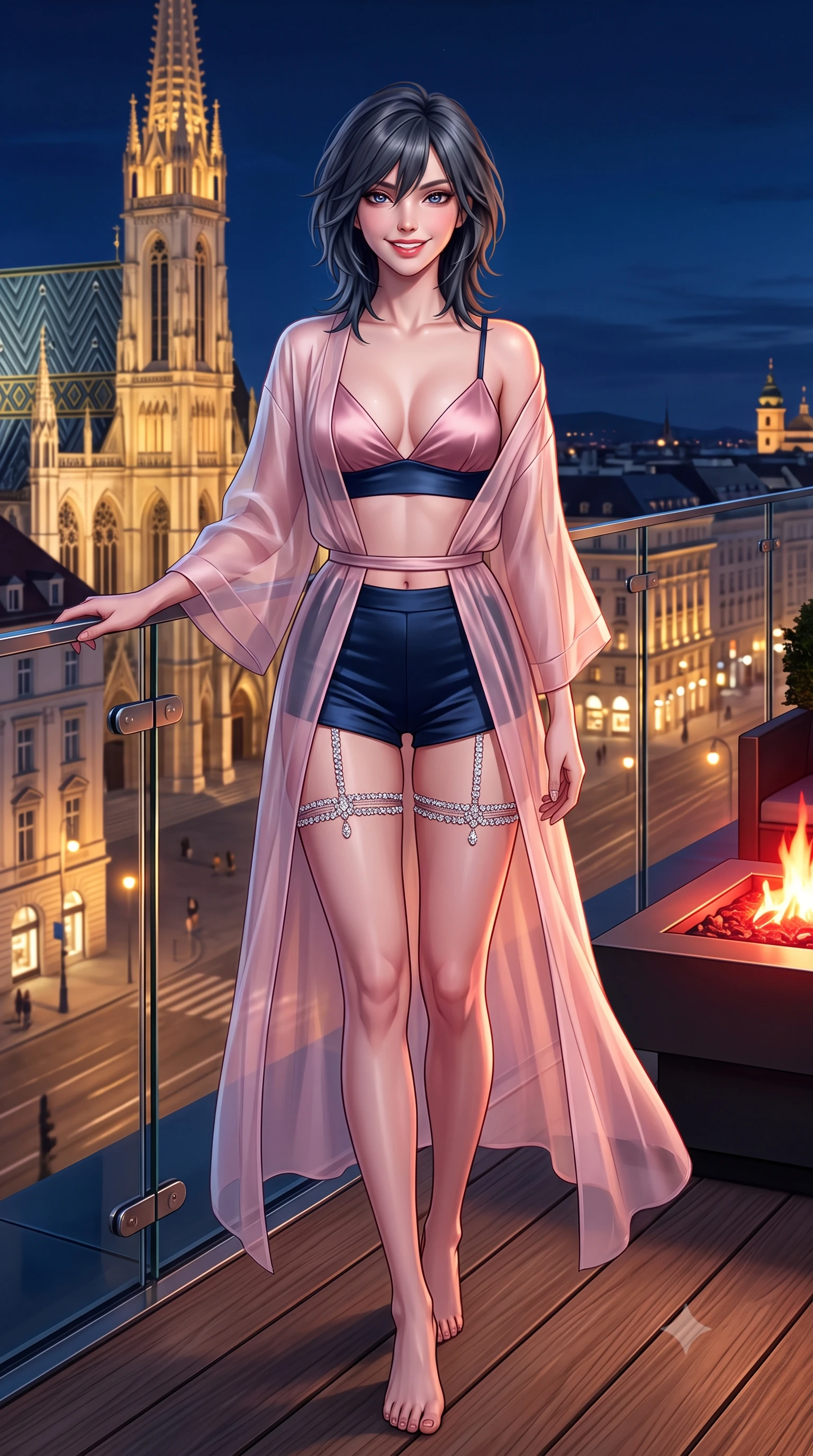 score_9, masterpiece, best quality, ultra-detailed, high-budget anime keyframe, semi-realistic 3D game render, editorial fashion photography, tasteful artistic composition, Caucasian woman. low angle full-body shot from head to toe showing her feet, filling the entire 9:16 vertical frame with her statuesque presence, stretching her vertical silhouette. stepping forward in a confident stride, her long slender legs and curvaceous hips creating a dynamic, sweeping vertical line while leaning against the frameless glass balustrade with hips cocked back, looking out over historic Ringstraße grand boulevards with smoldering bedroom-eyes. The surrounding environment is rendered in vivid detail and crisp panoramic clarity: sharp frameless glass corner structural joints, natural teak decking grain, and stainless steel railing hardware in deep focus. She has an exceptionally tall and slender model-like 8.5-heads proportion, an ultra-slim waist, a flat toned midriff, narrow delicate ribcage, and beautifully sculpted feminine hips creating a graceful, slim hourglass silhouette without any bulky heaviness, with impossibly long slender legs. sharp v-shaped jawline, high-bridge nose, intricate jewel-like sparkling eyes with depth, thick eyelashes, glossy parted lips with a natural peach sheen, bright cheerful beaming smile with an enchanting and coquettish sensual glint, exuding both youthful cute charm and seductive allure, flawlessly proportioned anatomical accuracy, strict slender model proportions, natural body alignment, perfectly sculpted long slender limbs, ultra-slim waistline, clean dynamic posture without body distortion. wearing a sheer silk organza modern caftan robe worn loose and slipping off bare shoulders over a matching satin bralette and micro-shorts in Brittany pink granite rose and deep Atlantic navy, crafted from translucent silk organza with an ethereal crystalline sheen, finished with delicate crystal-encrusted thigh garter straps glinting in the dim light, the liquid-tight tailored fabric clinging flawlessly to her narrow waist and rounded feminine hips, emphasizing every millimeter of her sculpted slim hourglass curves without any bulky heaviness. bathed in the contrast of warm 2200K fire table hearth glow and cool midnight sky fill with golden cathedral floodlights. highly saturated vibrant anime colors, detailed shading with soft gradients, rich glossy textures, high-contrast stereoscopic depth, volumetric dynamic lighting, master piece, 9:16 ratio