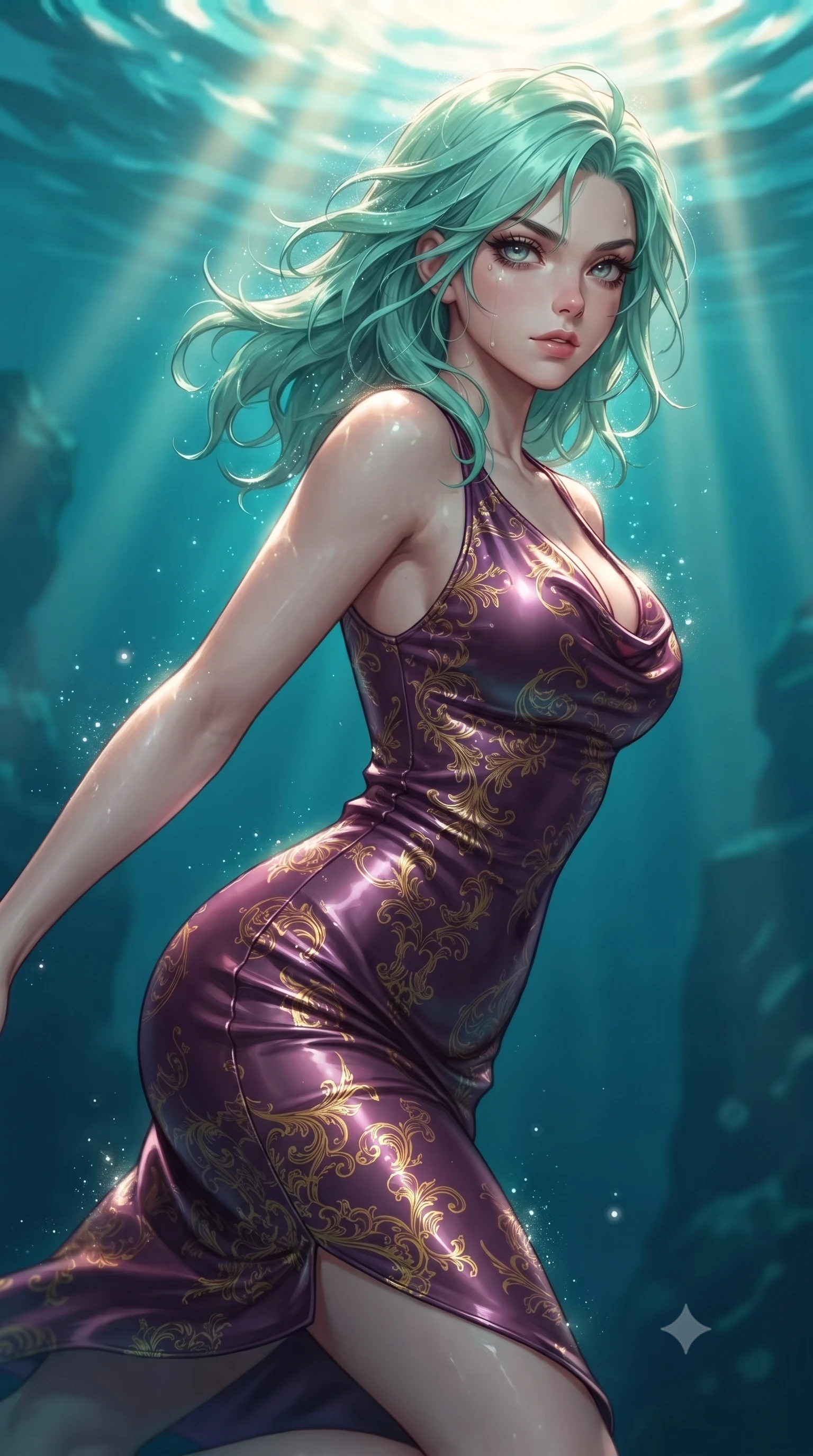score_9, masterpiece, best quality, ultra-detailed, high-budget anime keyframe, editorial fashion photography, tasteful artistic composition, Japanese woman. close-up cowboy shot from the waist and thighs up, the character dominates the composition, filling the frame with her large presence, background elements kept in soft focus. Pivoting sharply while looking back over her shoulder with heavy lashes and a confident, intense gaze while swimming gracefully upward toward sunbeams penetrating a deep turquoise ocean rift, intense golden underwater sunbeams Penetrating deep turquoise water in caustic ripples. She has an exceptionally elegant, slender, and willowy female figure with an ultra-slim waist, a gracefully sculpted slender torso, and a refined silhouette. sharp v-shaped jawline, high-bridge nose, intricate jewel-like eyes with depth, thick eyelashes, glossy lips with a natural sheen, flawlessly proportioned anatomical accuracy, natural body alignment, perfectly sculpted elegant limbs, clean dynamic posture without body distortion. wearing an elegant cowl-neck satin midi dress with a graceful draped neckline in plum purple and gold filigree, formed from sleek second-skin neoprene, accented with a Tasteful chest slit framing her clavicle gracefully, the form-contouring material highlighting her ultra-slim waist and long lines. surrounded by a shimmering ocean aura with bright pearl-white specular rim lights. ultra-reflective glossy finish, specular highlights, metallic sheen, high-contrast stereoscopic depth, volumetric dynamic lighting, 2k, ultra detail, master piece, 9:16 ratio